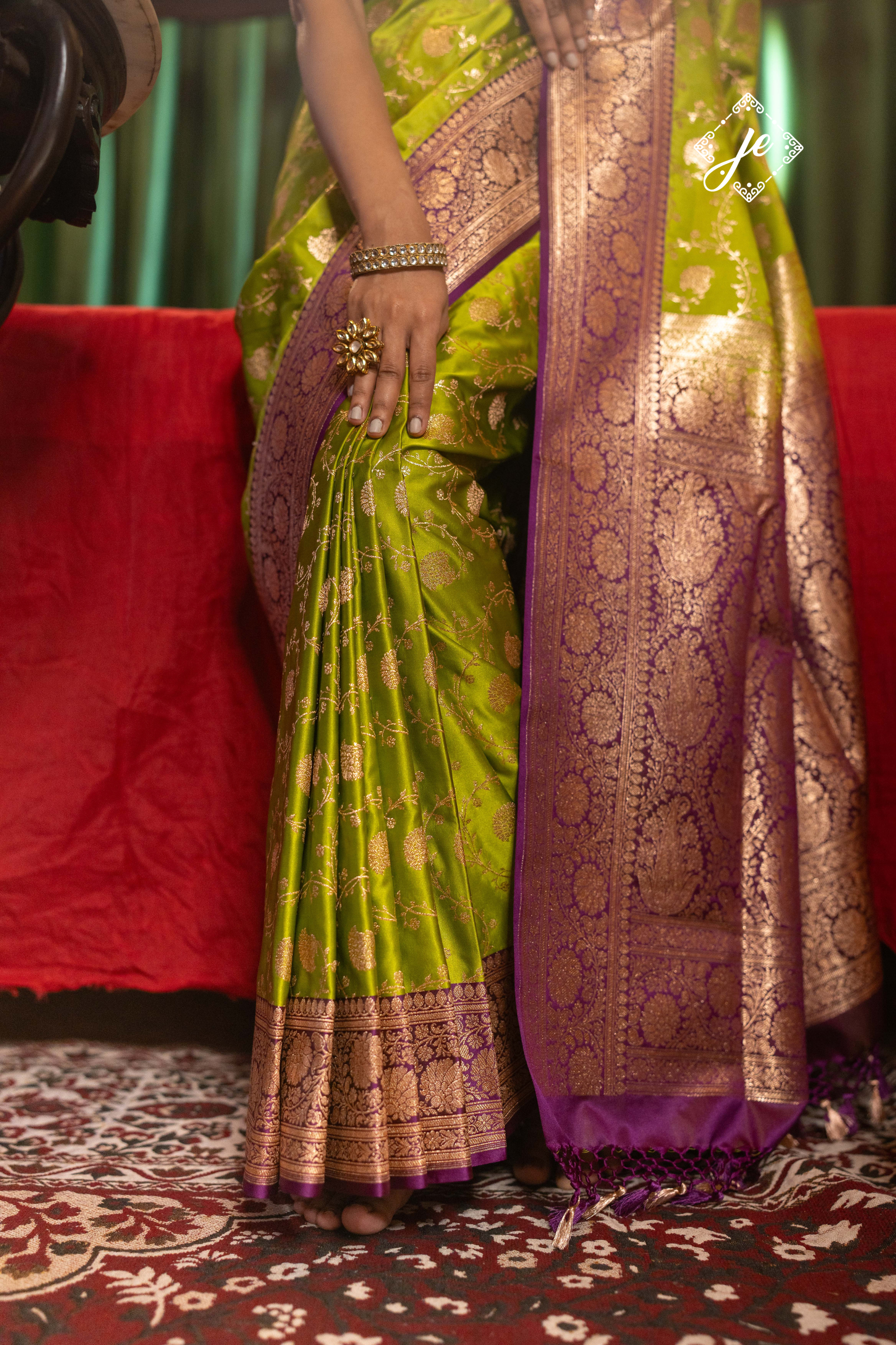 Dhani Green Satin Silk with Contrast Purple Border Banarasi Saree
