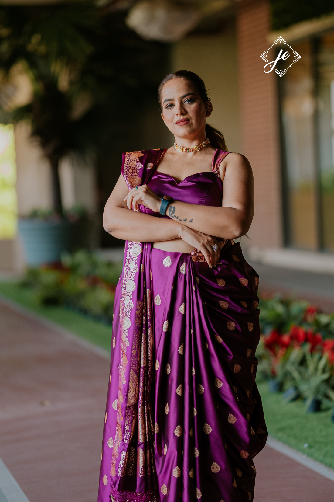 Purple Open Border Satin Silk Banarasi Saree