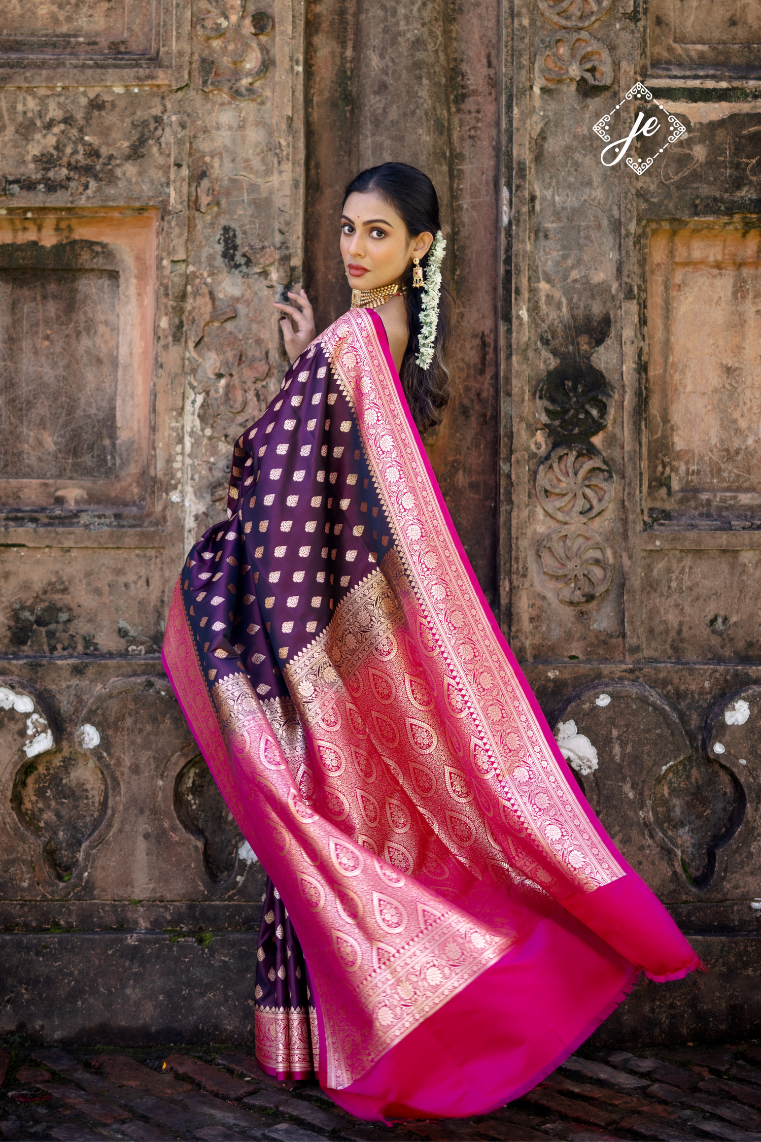 Purple Satin Silk with Rani Pink Border Banarasi Saree