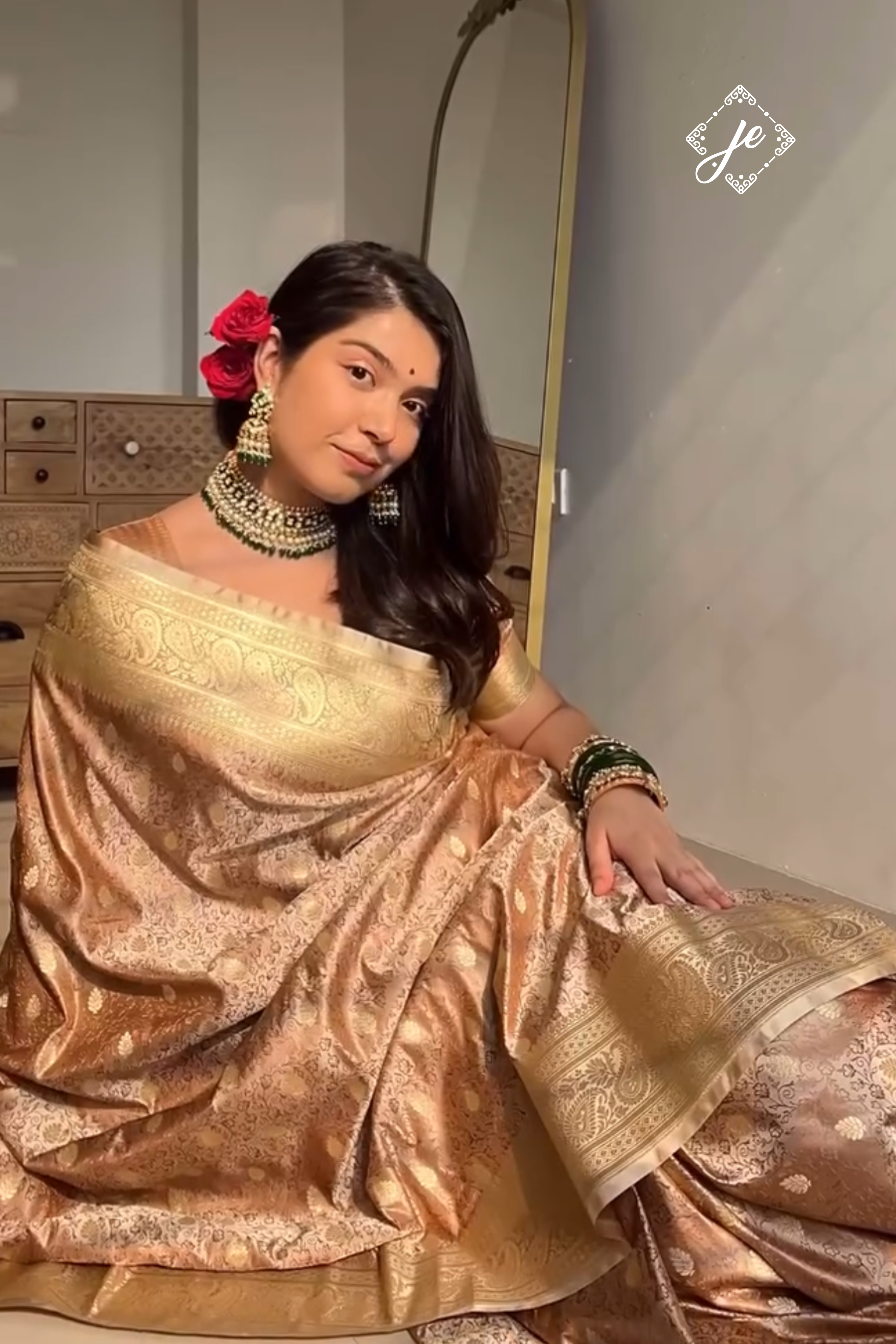 Beige Satin Silk Jamevaar Banarasi Saree