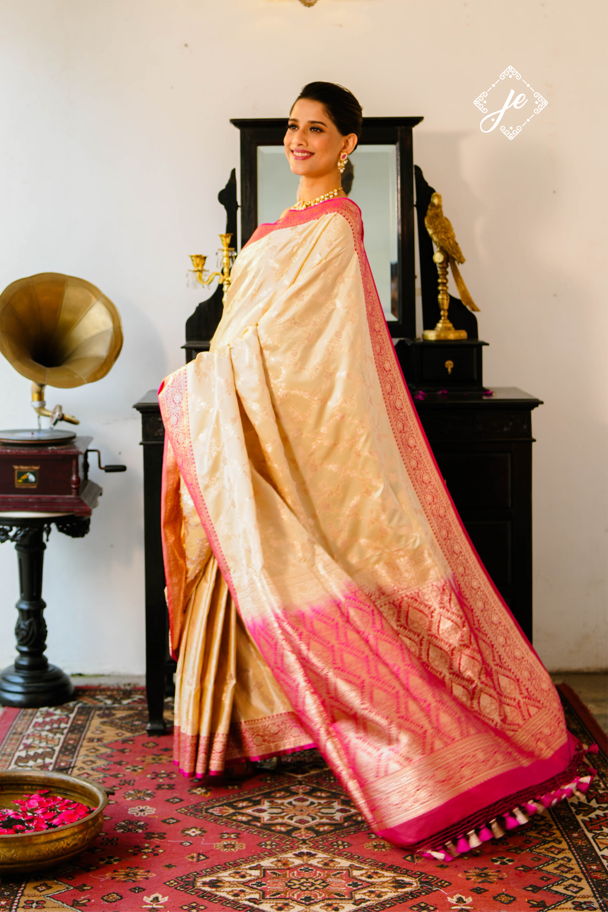 Beige Satin Silk with Contrast Rani Pink Border Banarasi Saree