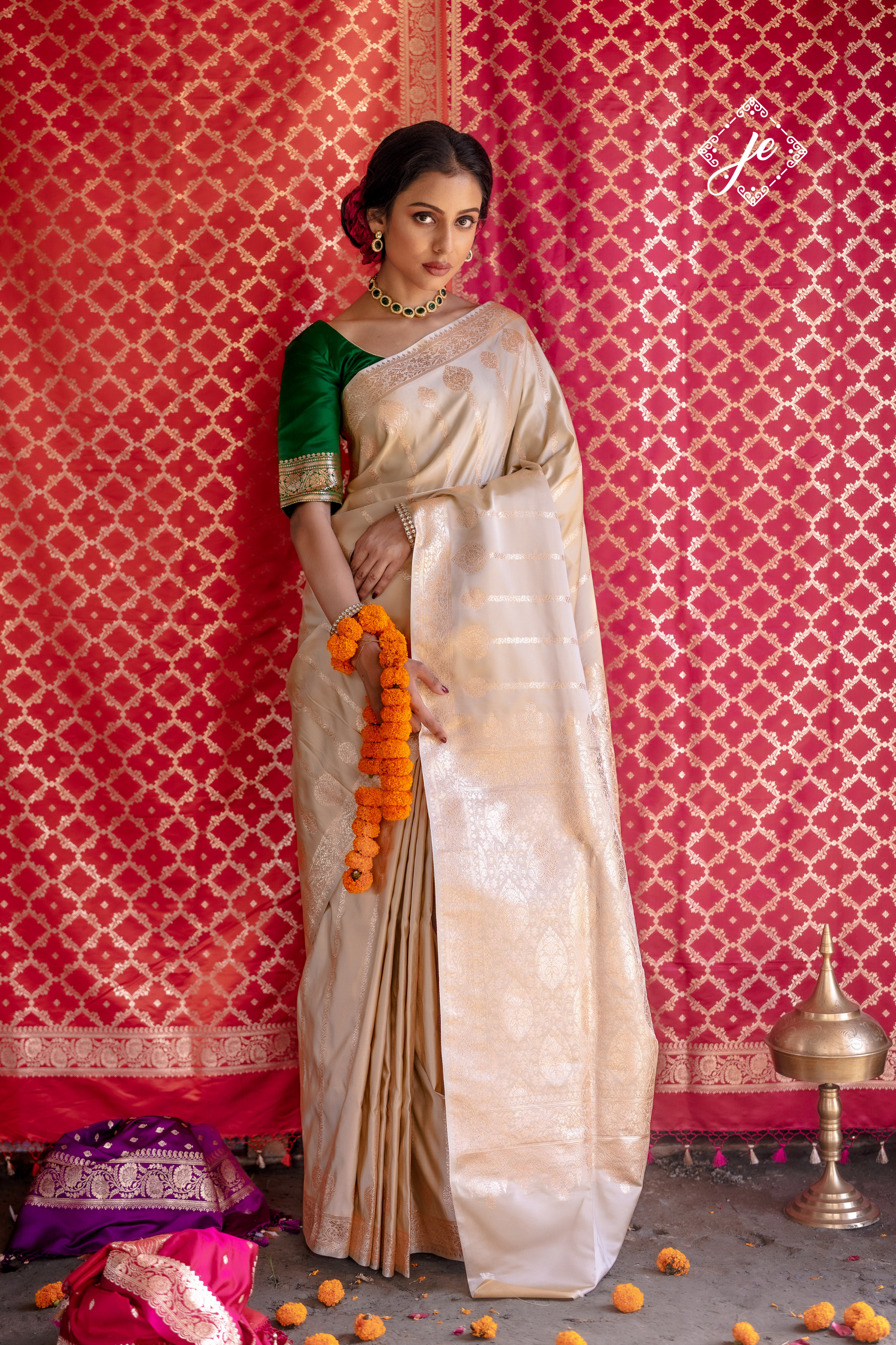 Beige Satin Silk Striped Banarasi Saree