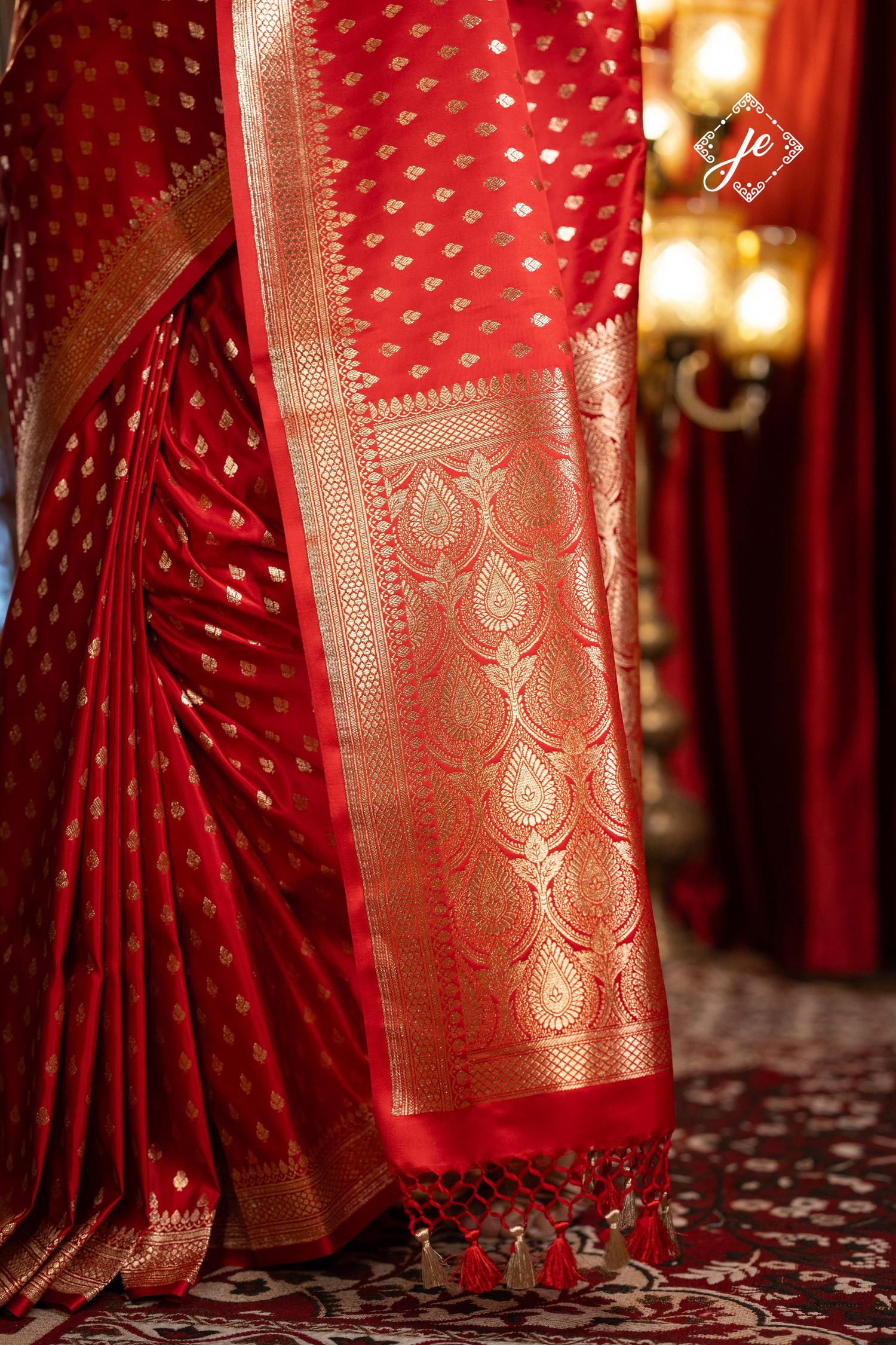 Red Satin Silk Buti Banarasi Saree
