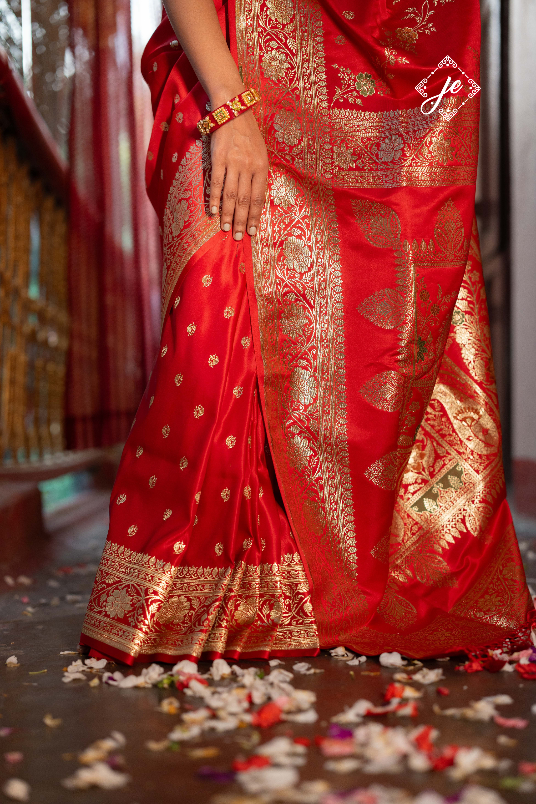 Red Satin Silk Buti Leheriya Mix Meenakari Banarasi Saree