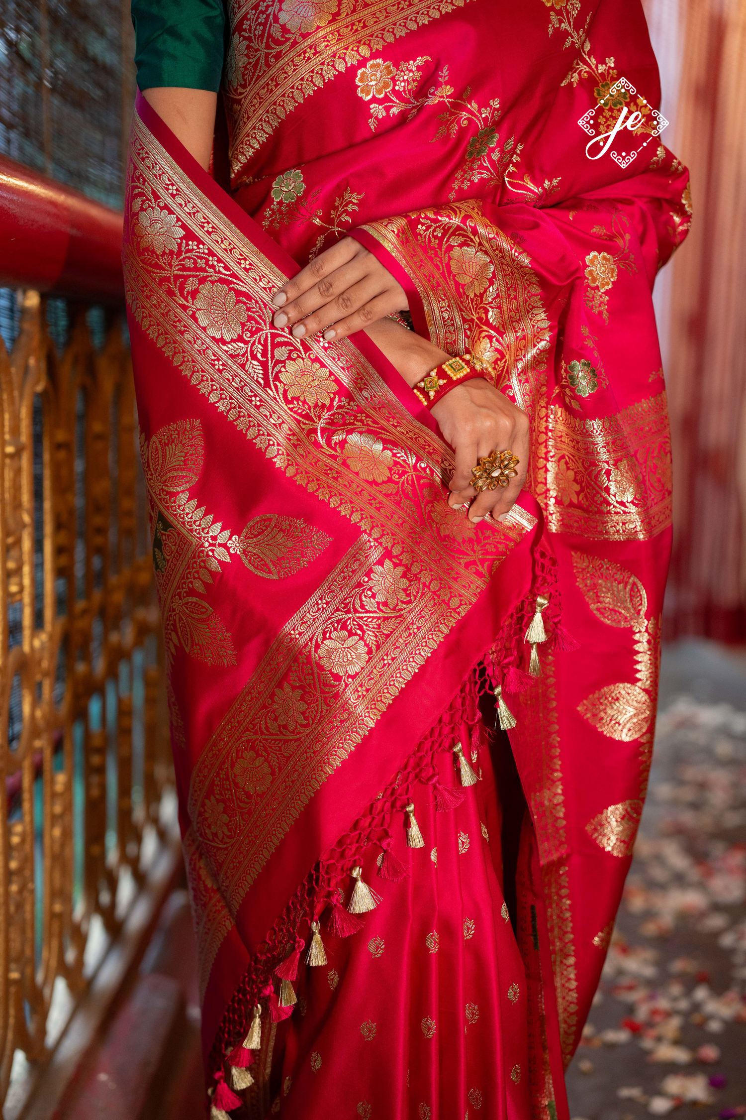 Rani Pink Satin Silk Buti Leheriya Mix Meenakari Banarasi Saree