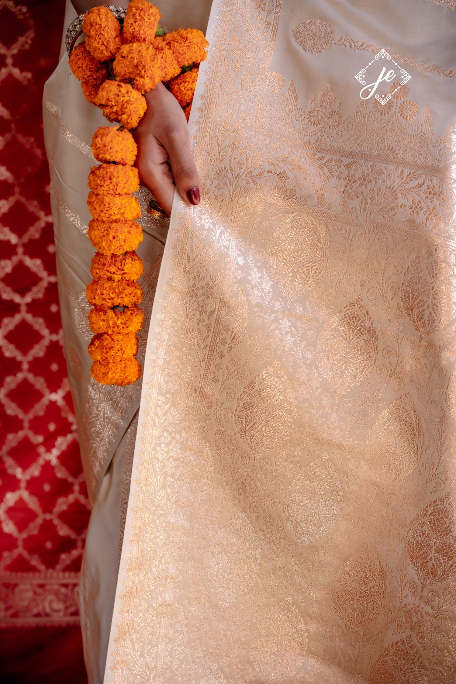 Beige Satin Silk Striped Banarasi Saree