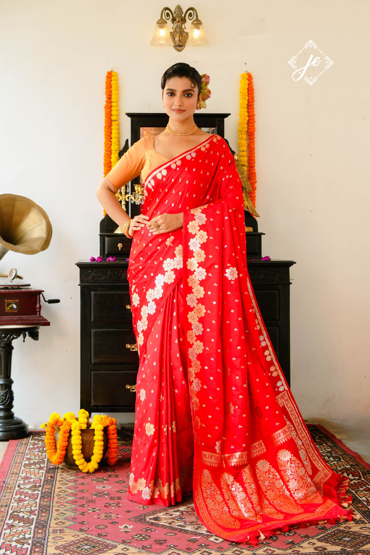 Red Satin Silk Buti Banarasi Saree