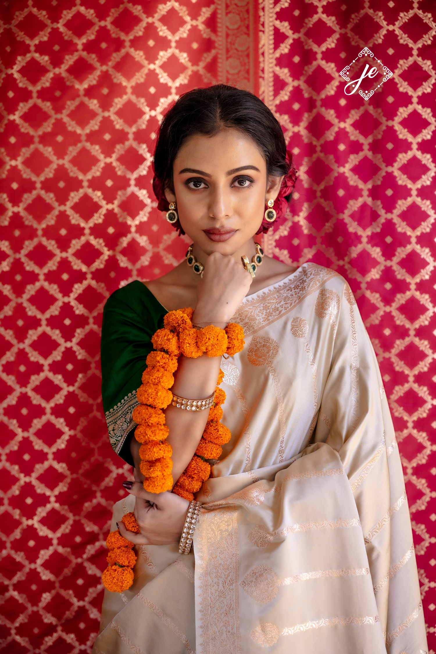 Beige Satin Silk Striped Banarasi Saree