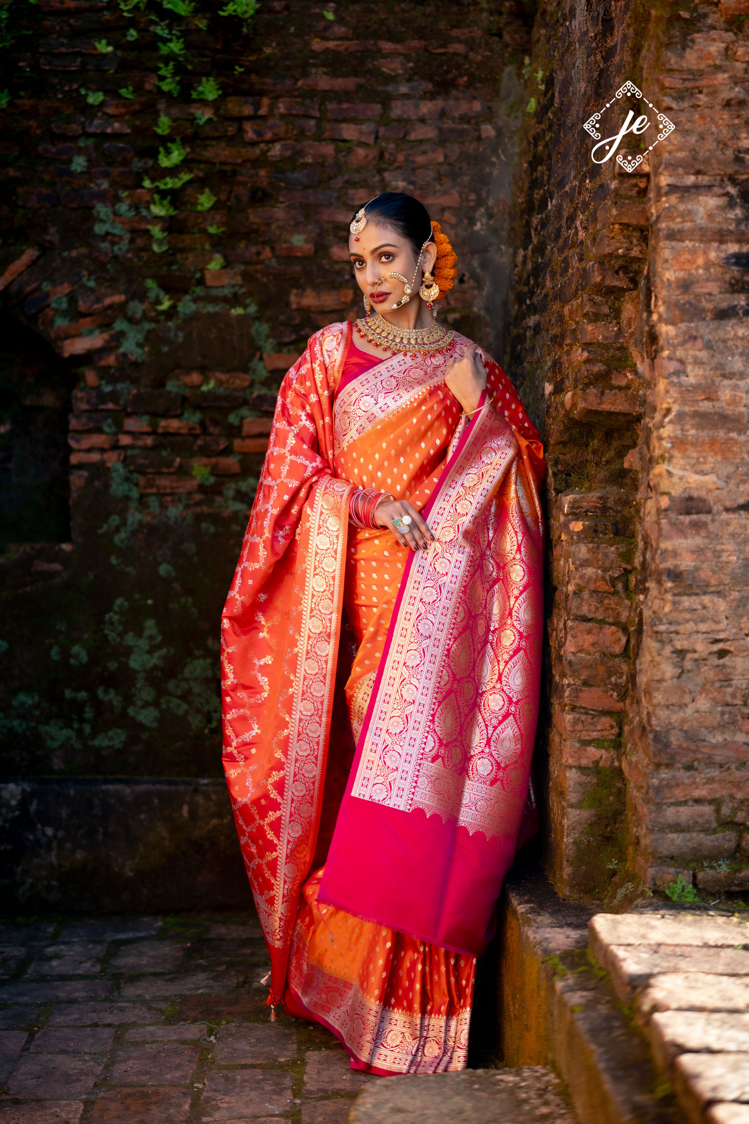 Orange Satin Silk with Rani Pink Border Satin Silk Banarasi Saree