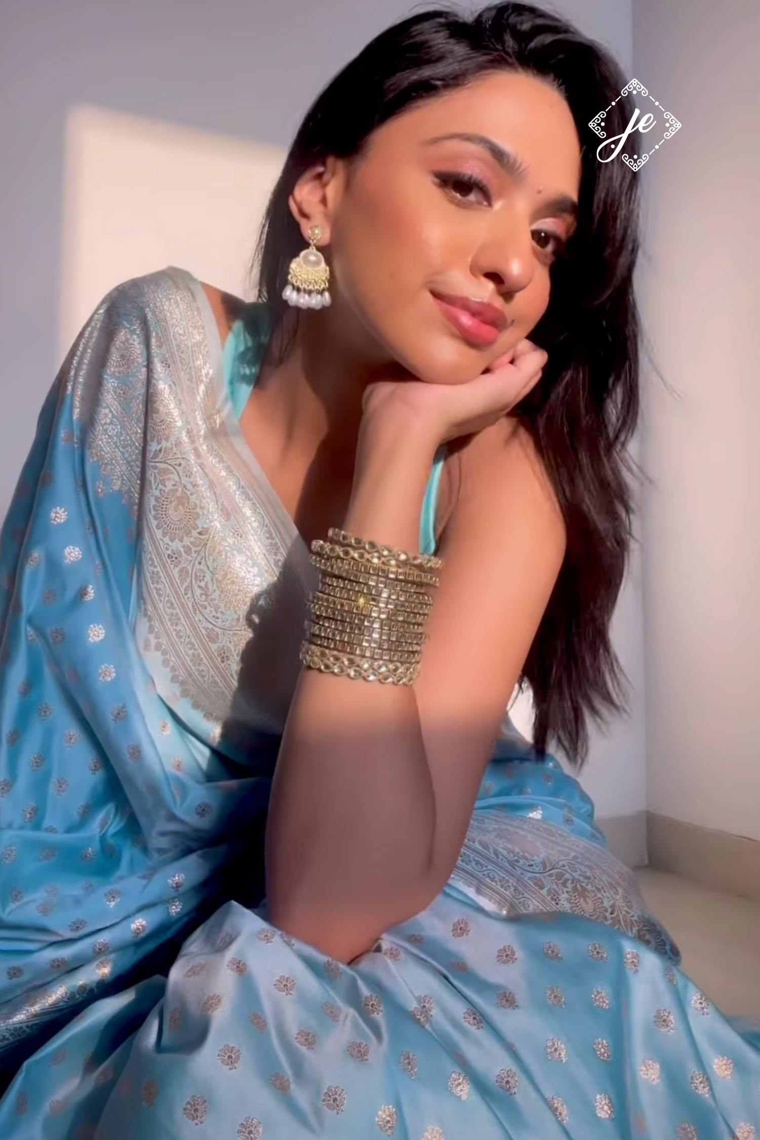 Powder Blue Satin Silk Banarasi Saree