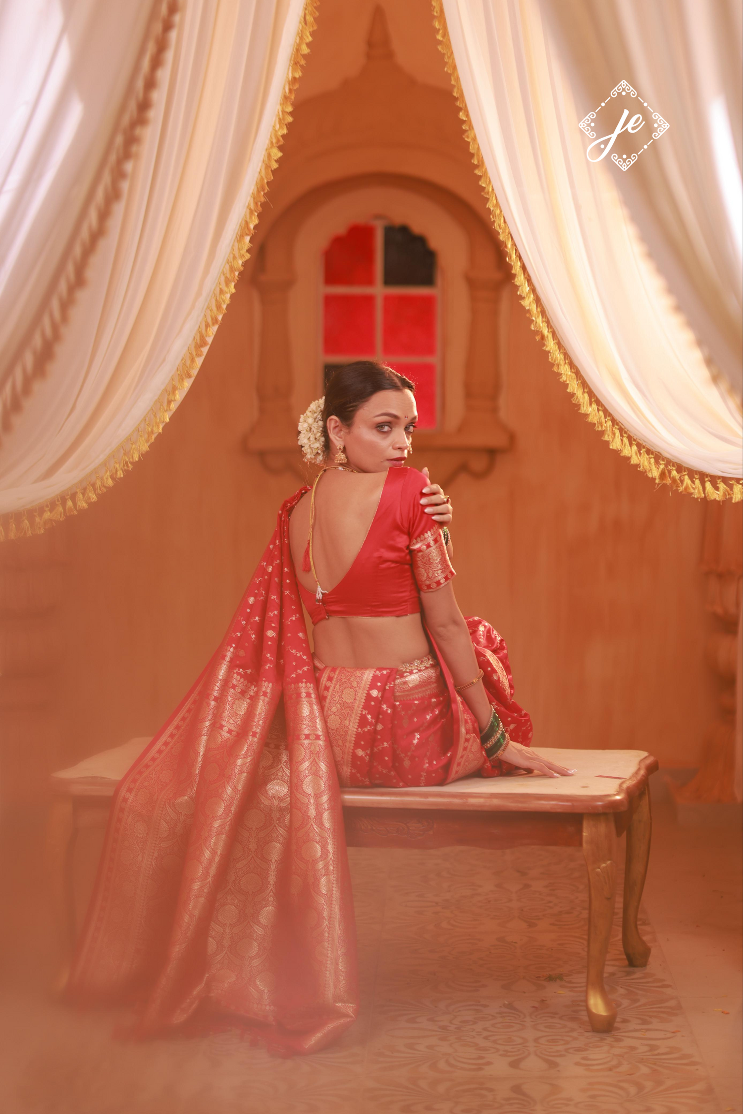 Red Satin Silk Chevron Banarasi Saree