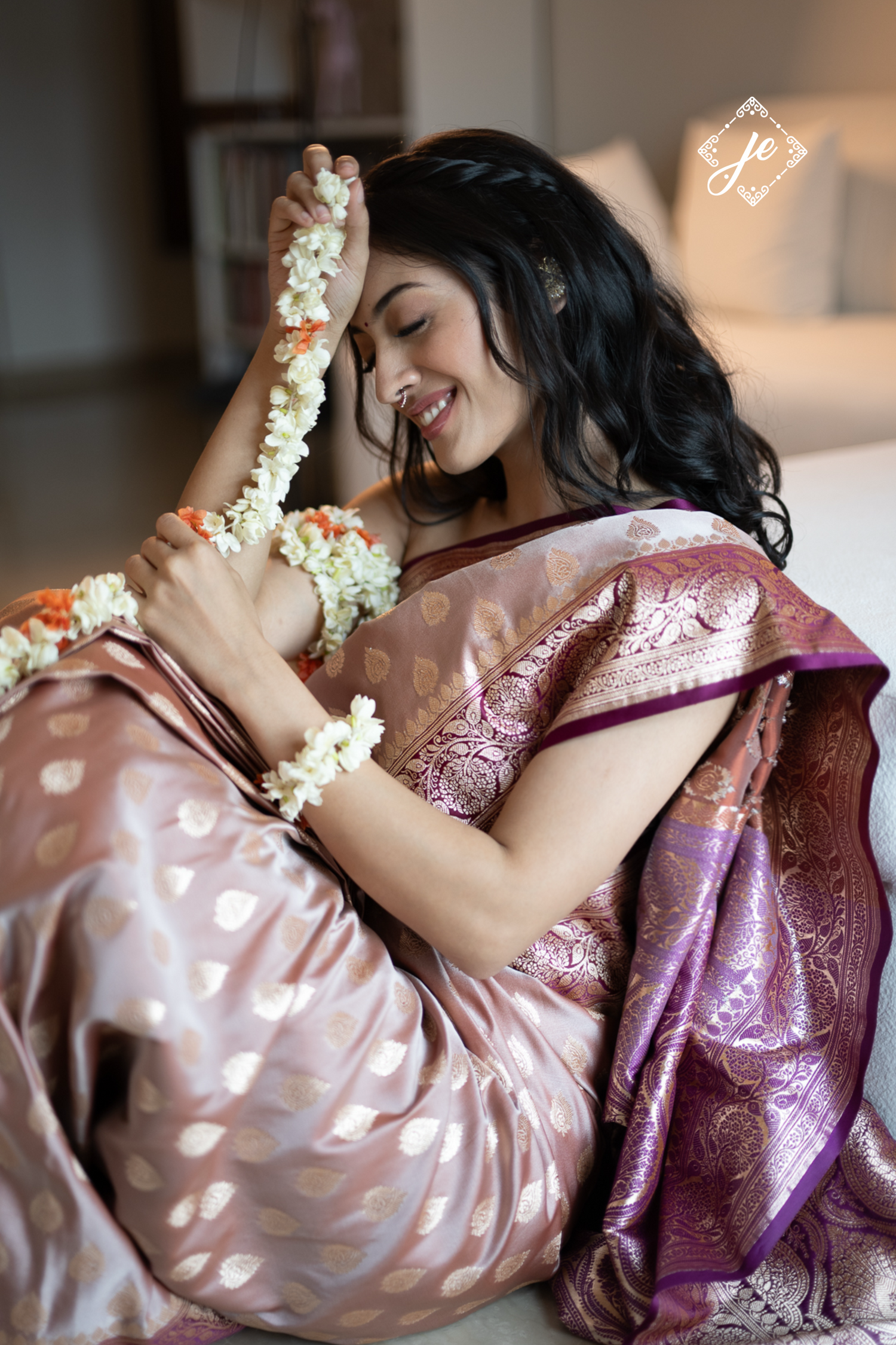 Dusty Pink Satin Silk with Purple Border Banarasi Saree