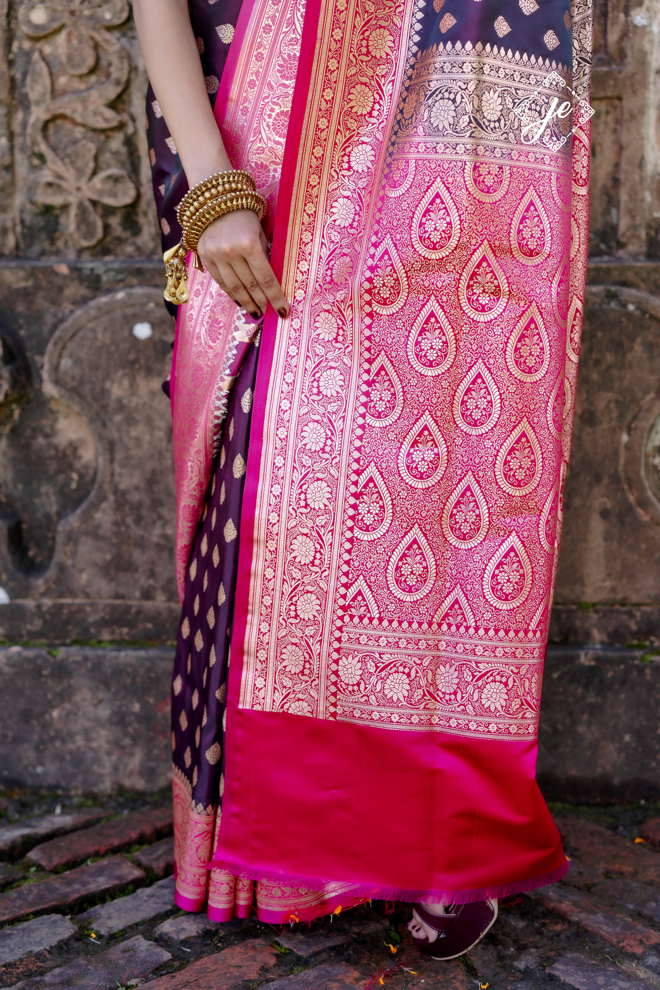 Purple Satin Silk with Rani Pink Border Banarasi Saree
