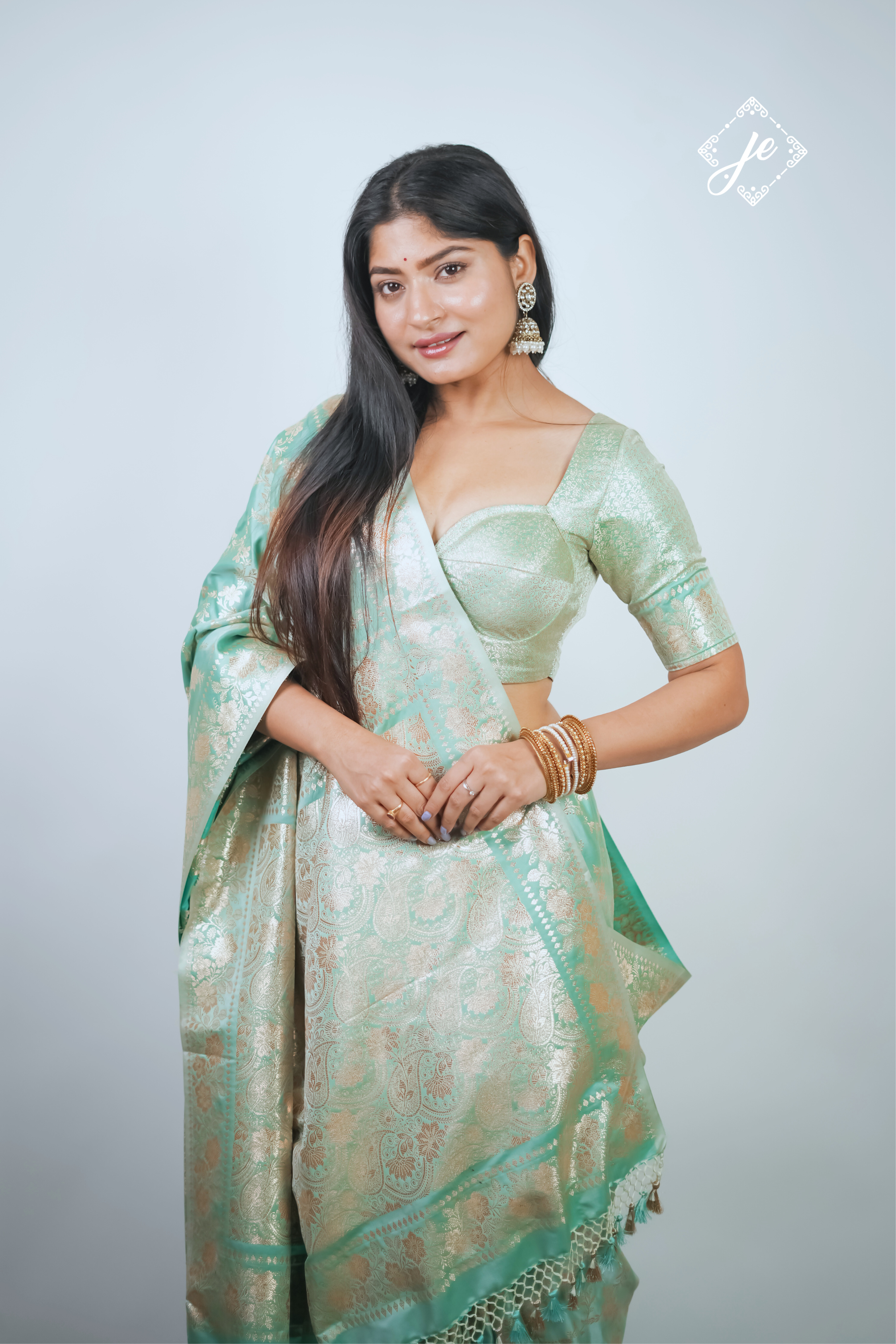 Light Blue Satin Silk Jaal Banarasi Saree