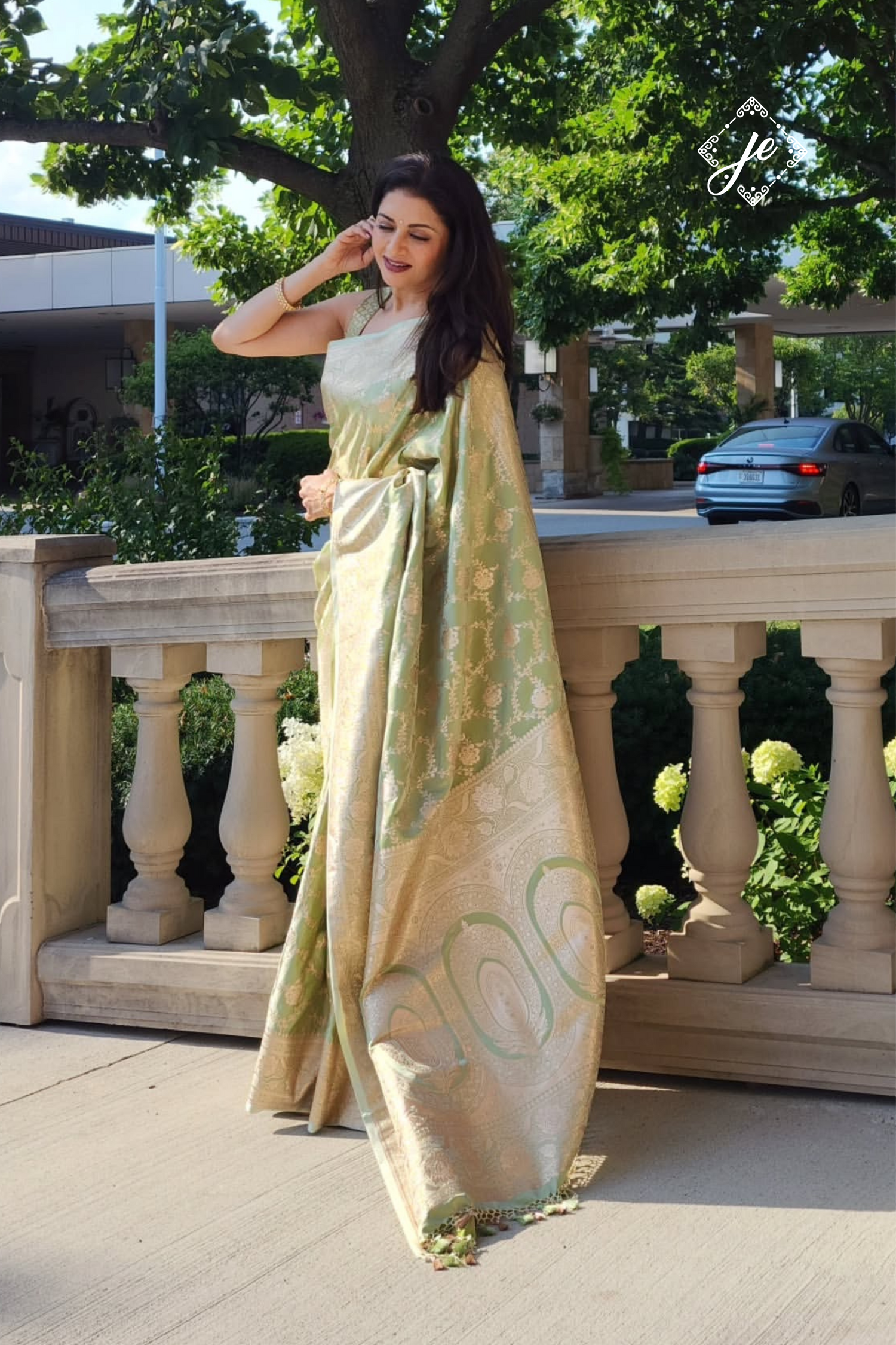 Pista Green Satin Silk Jaal Banarasi Saree