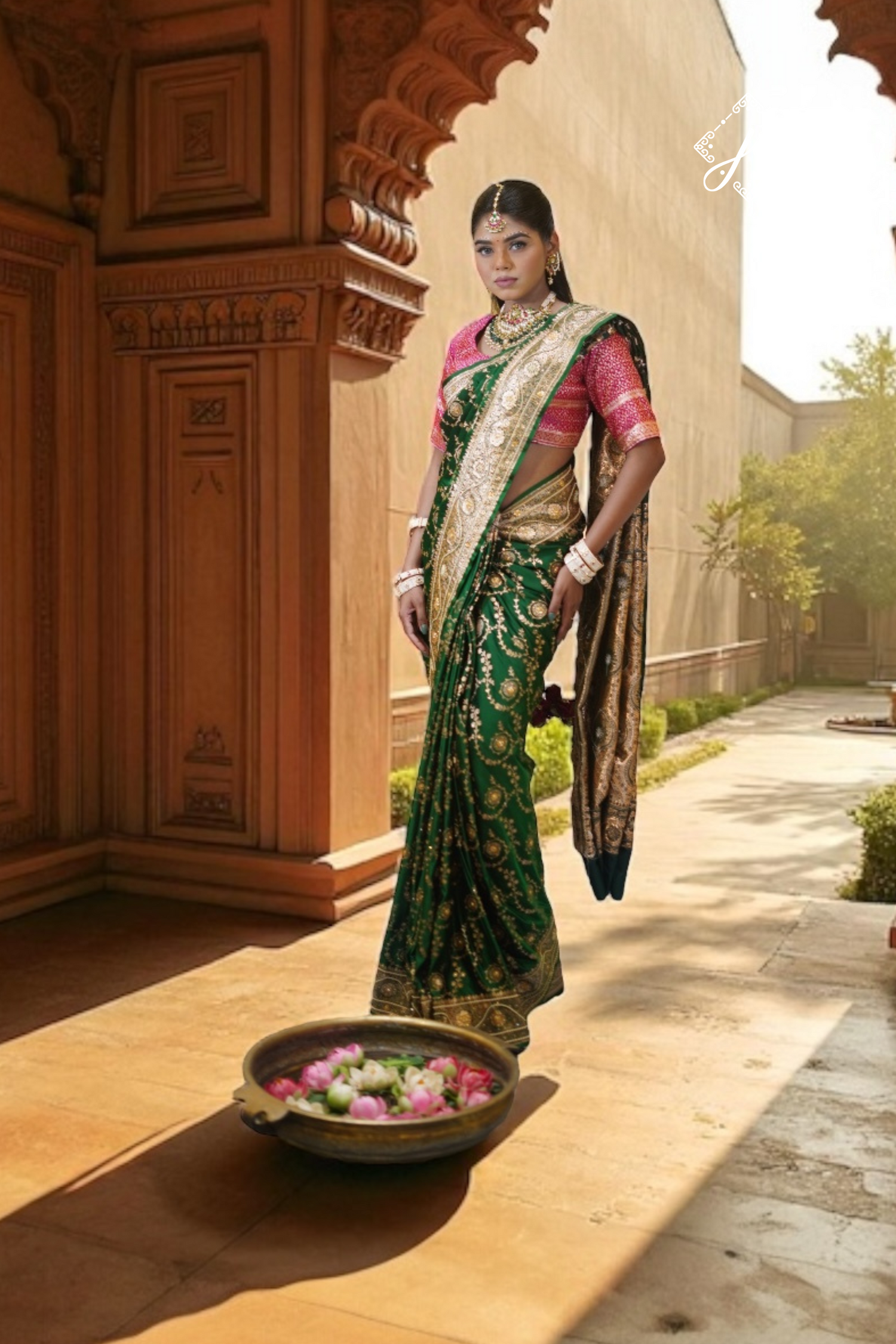 Bottle Green Satin Silk Banarasi Saree
