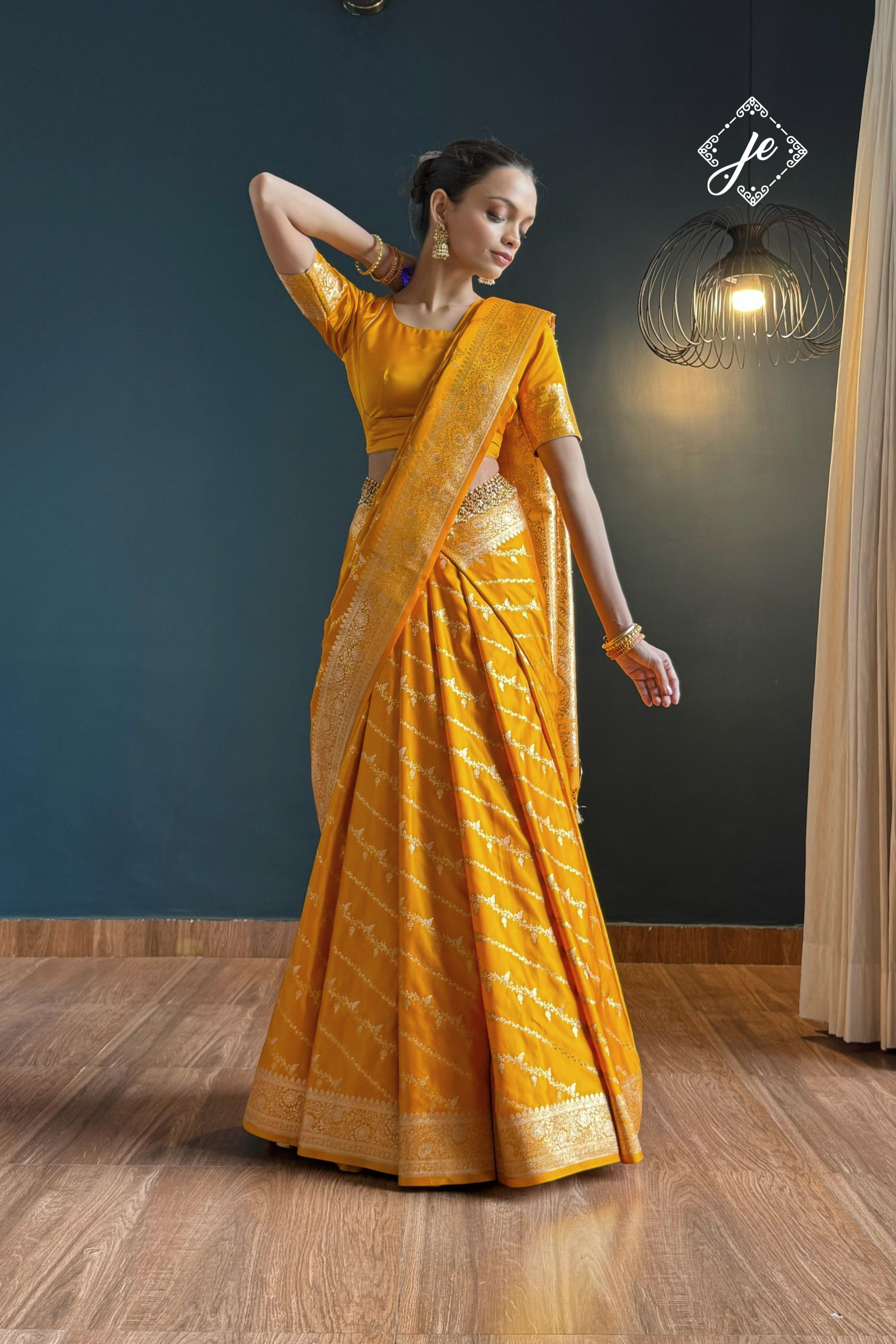 Yellow Leheriya Satin Silk Buti Banarasi Saree