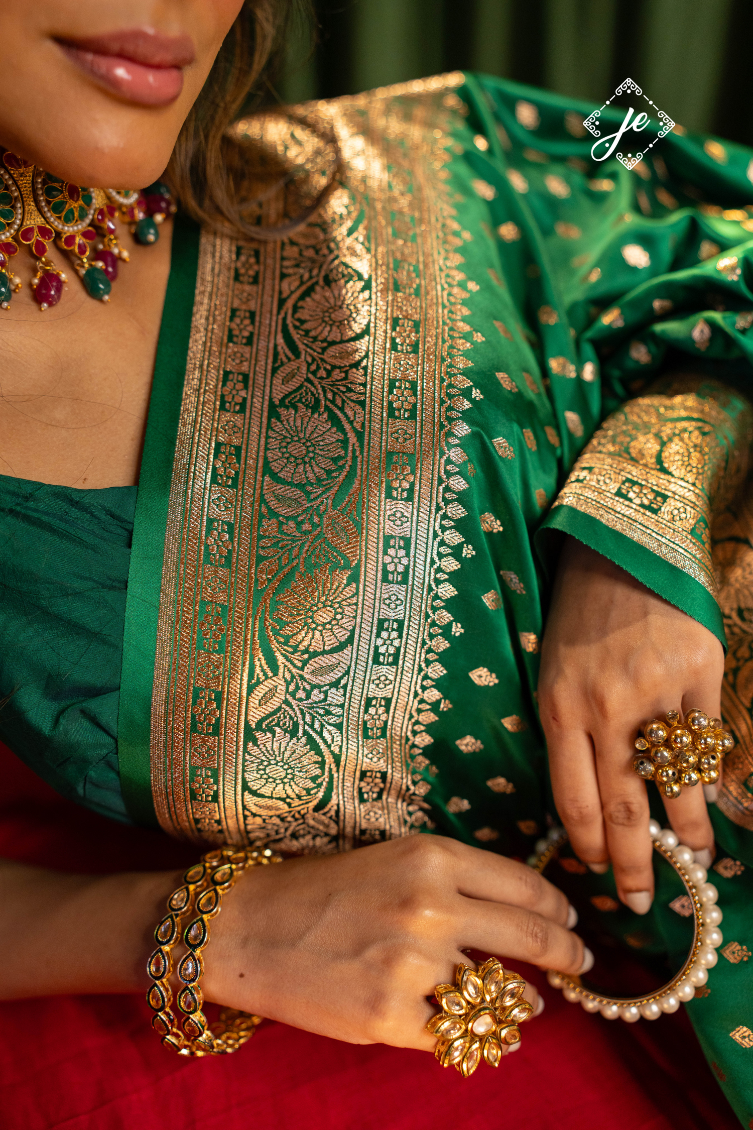 Bottle Green Satin Silk Banarasi Saree