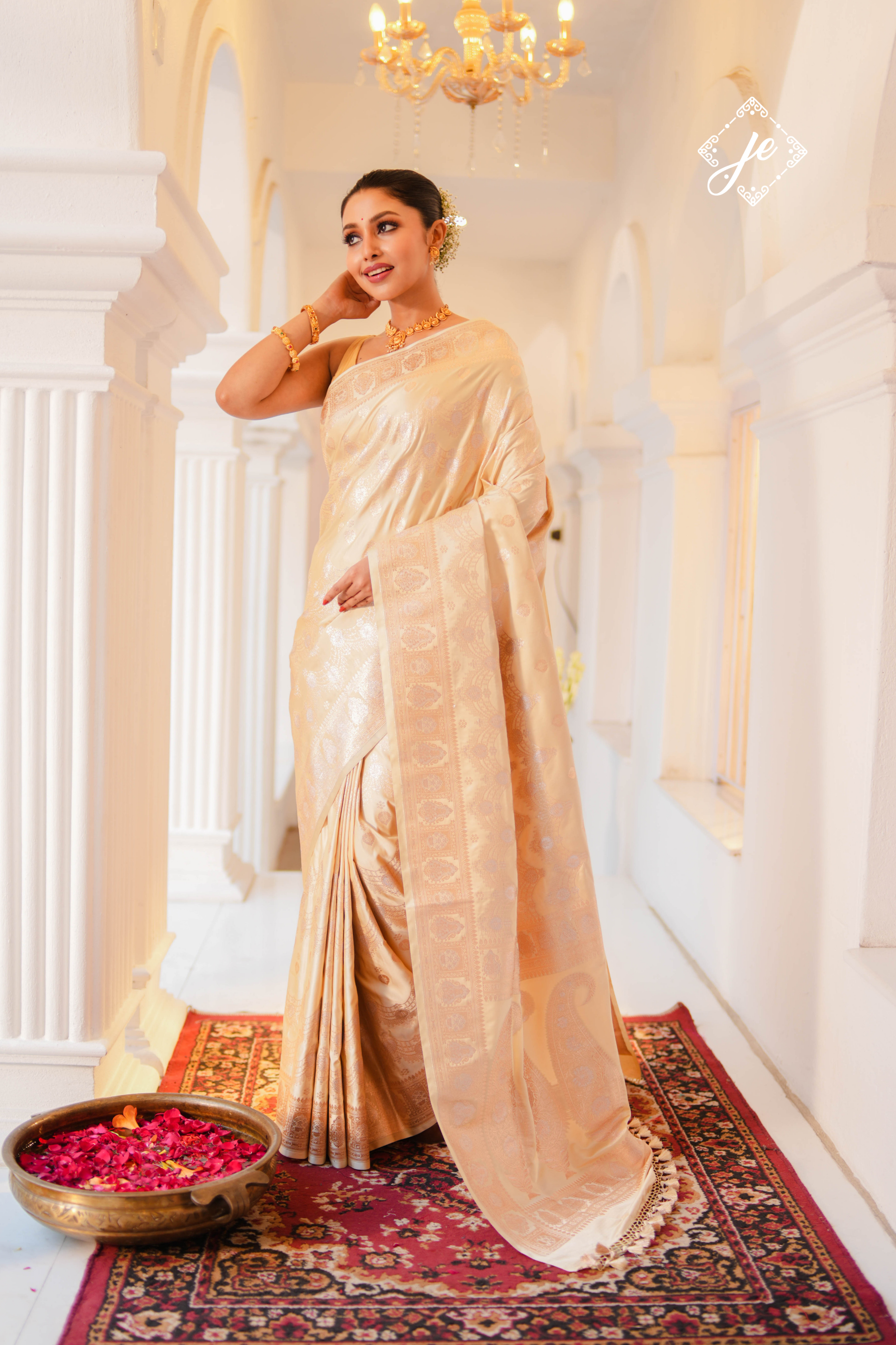 Beige Satin Silk Banarasi Saree