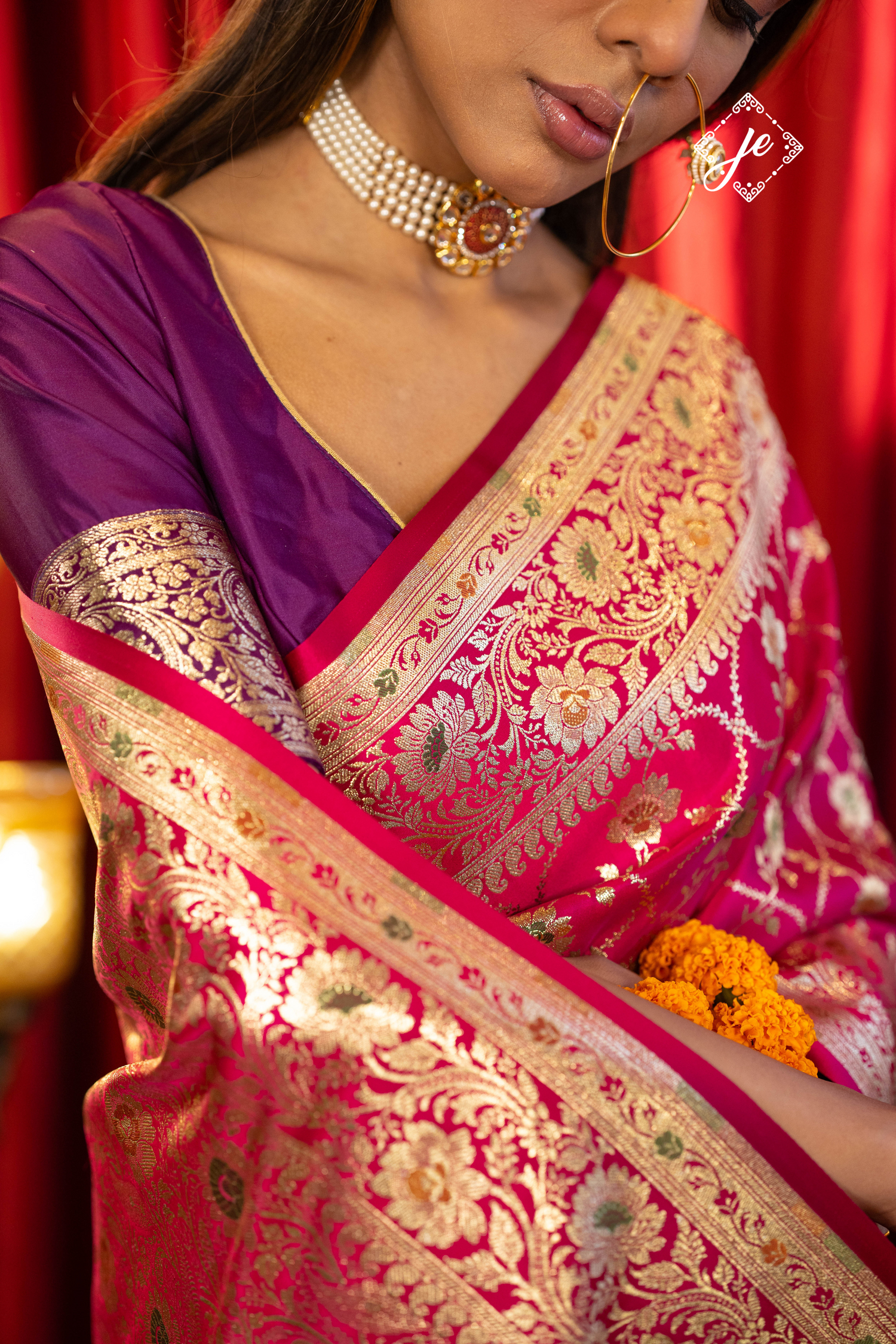 Rani Pink Satin Silk Meenakari Jaal Banarasi Saree