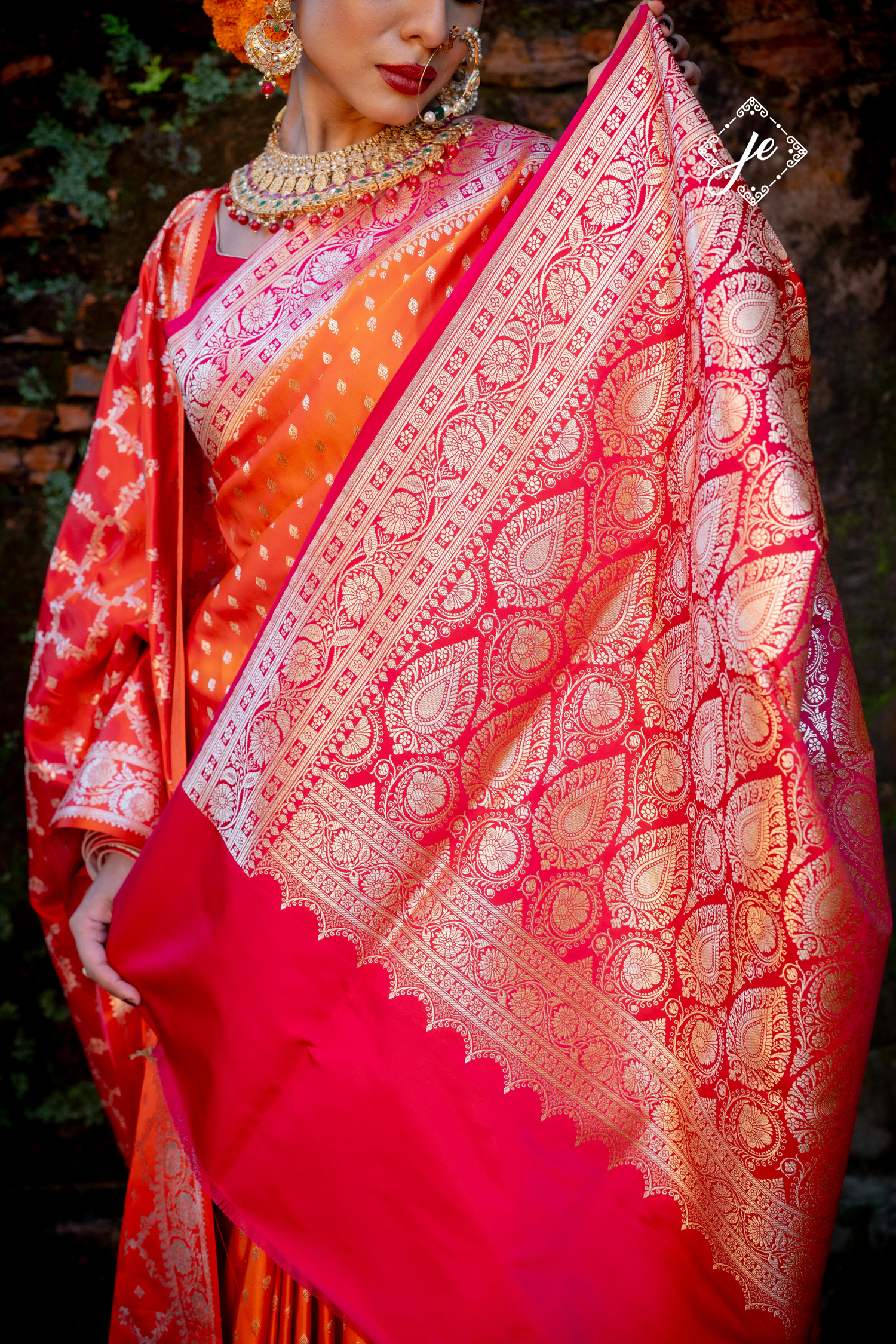 Orange Satin Silk with Rani Pink Border Satin Silk Banarasi Saree