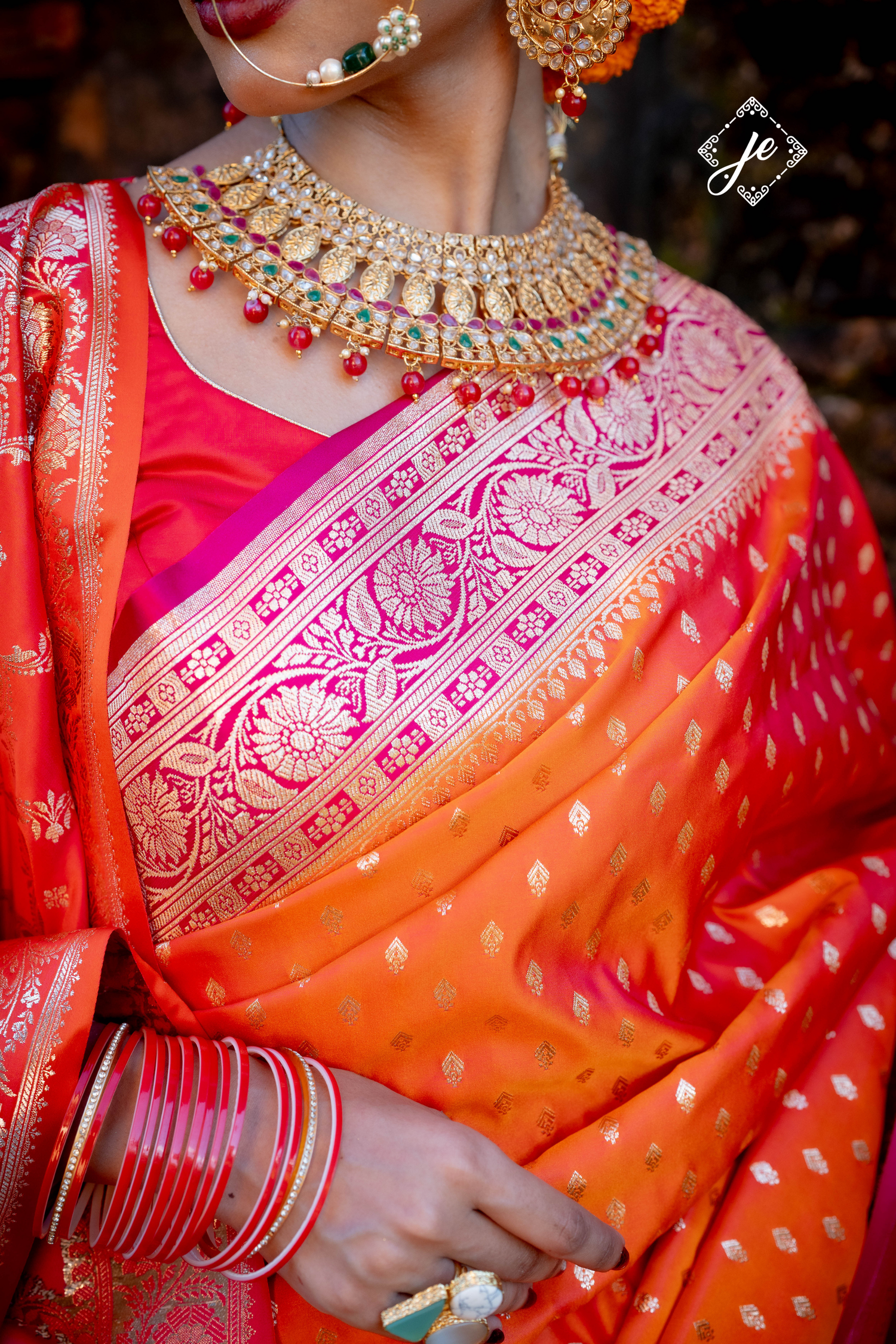 Orange Satin Silk with Rani Pink Border Satin Silk Banarasi Saree