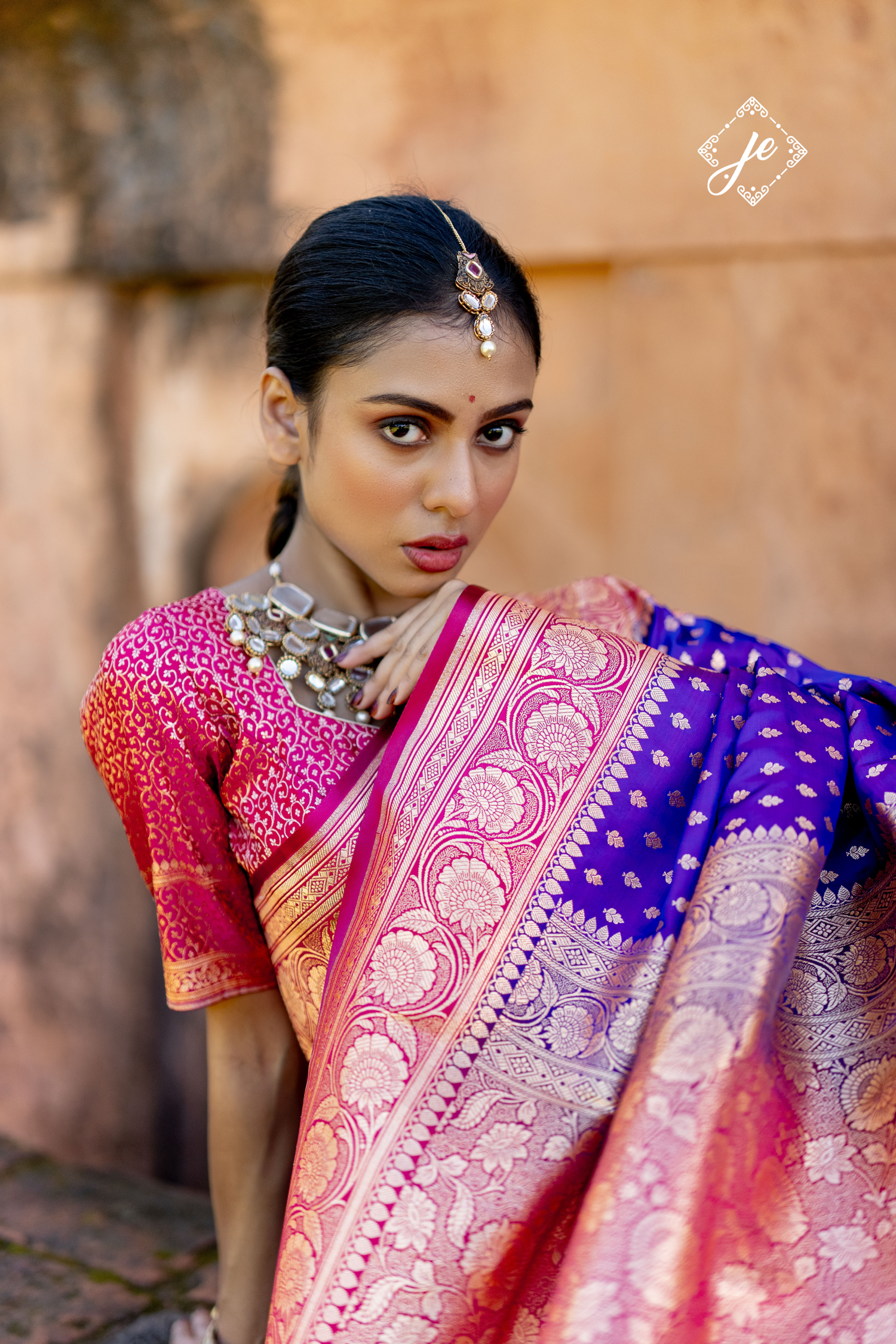 Purple Satin Silk with Contrast Rani Pink Border Banarasi Saree