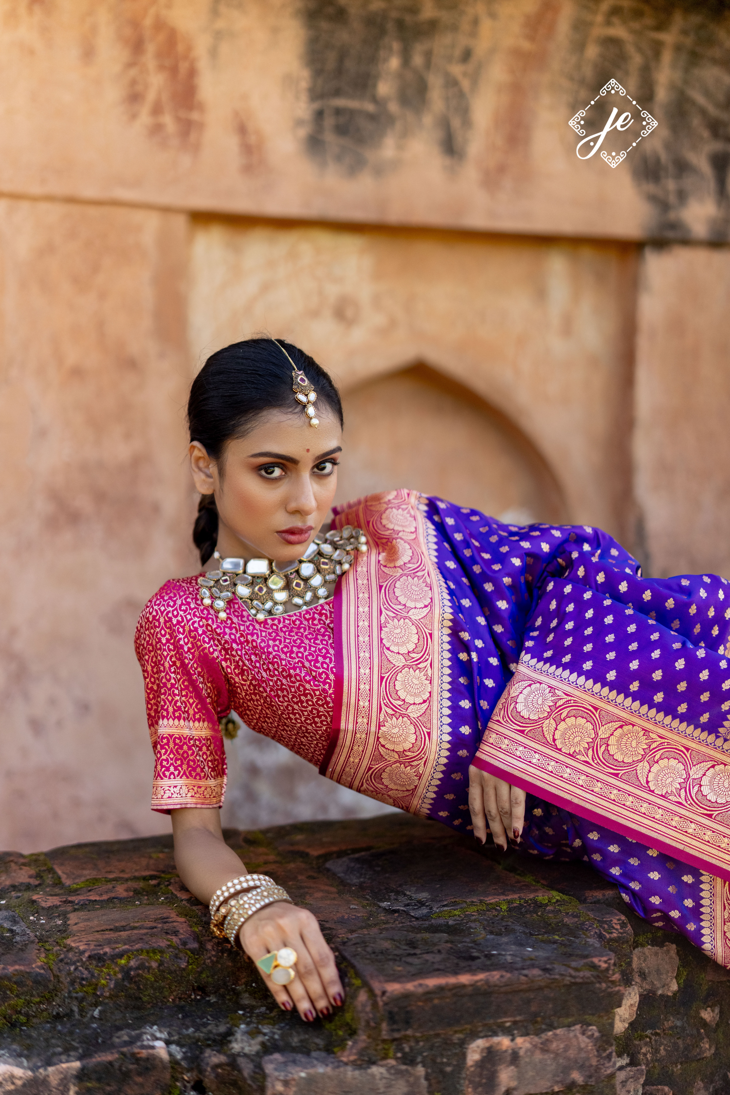 Purple Satin Silk with Contrast Rani Pink Border Banarasi Saree