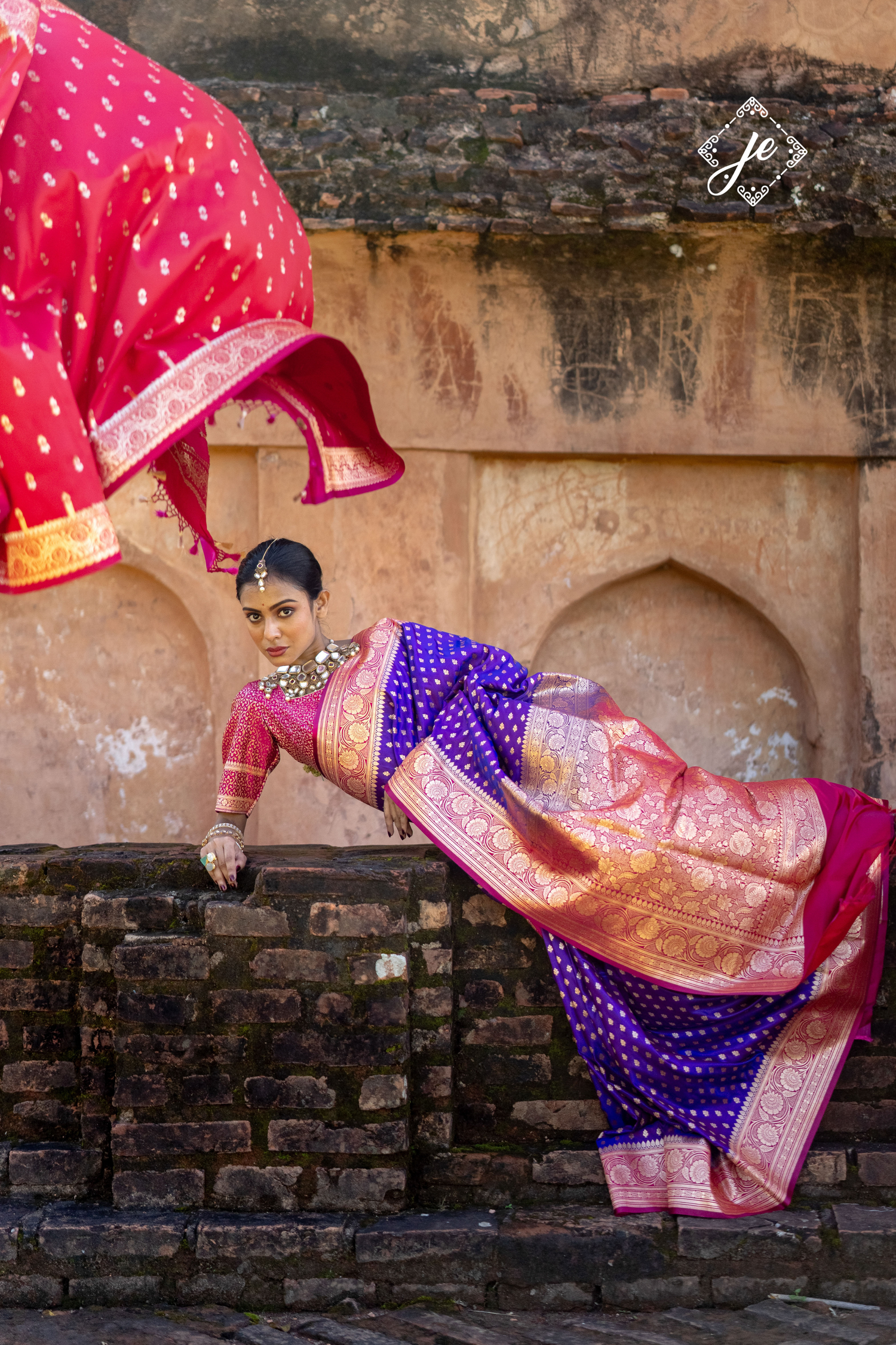 Purple Satin Silk with Contrast Rani Pink Border Banarasi Saree