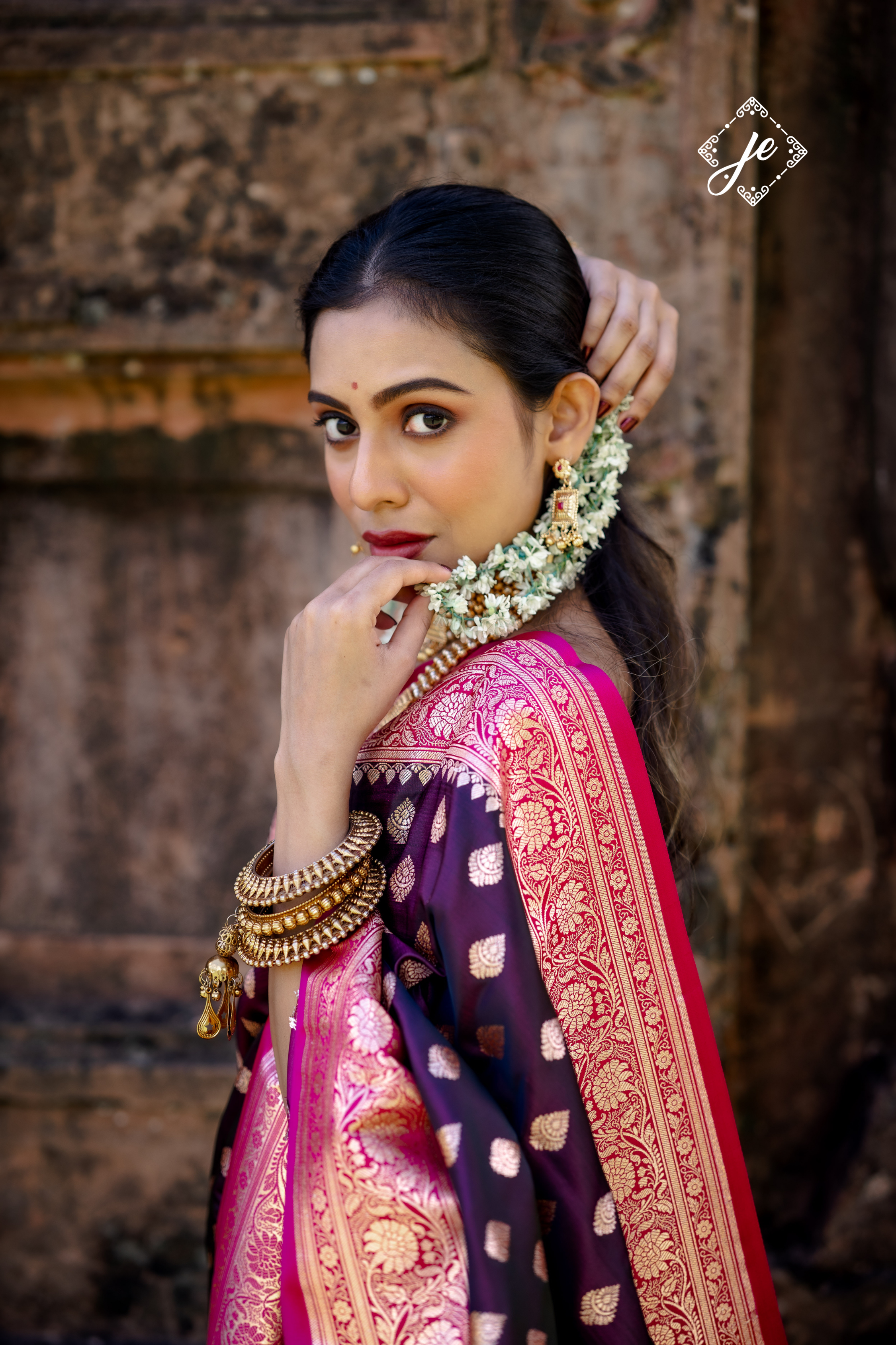 Purple Satin Silk with Rani Pink Border Banarasi Saree