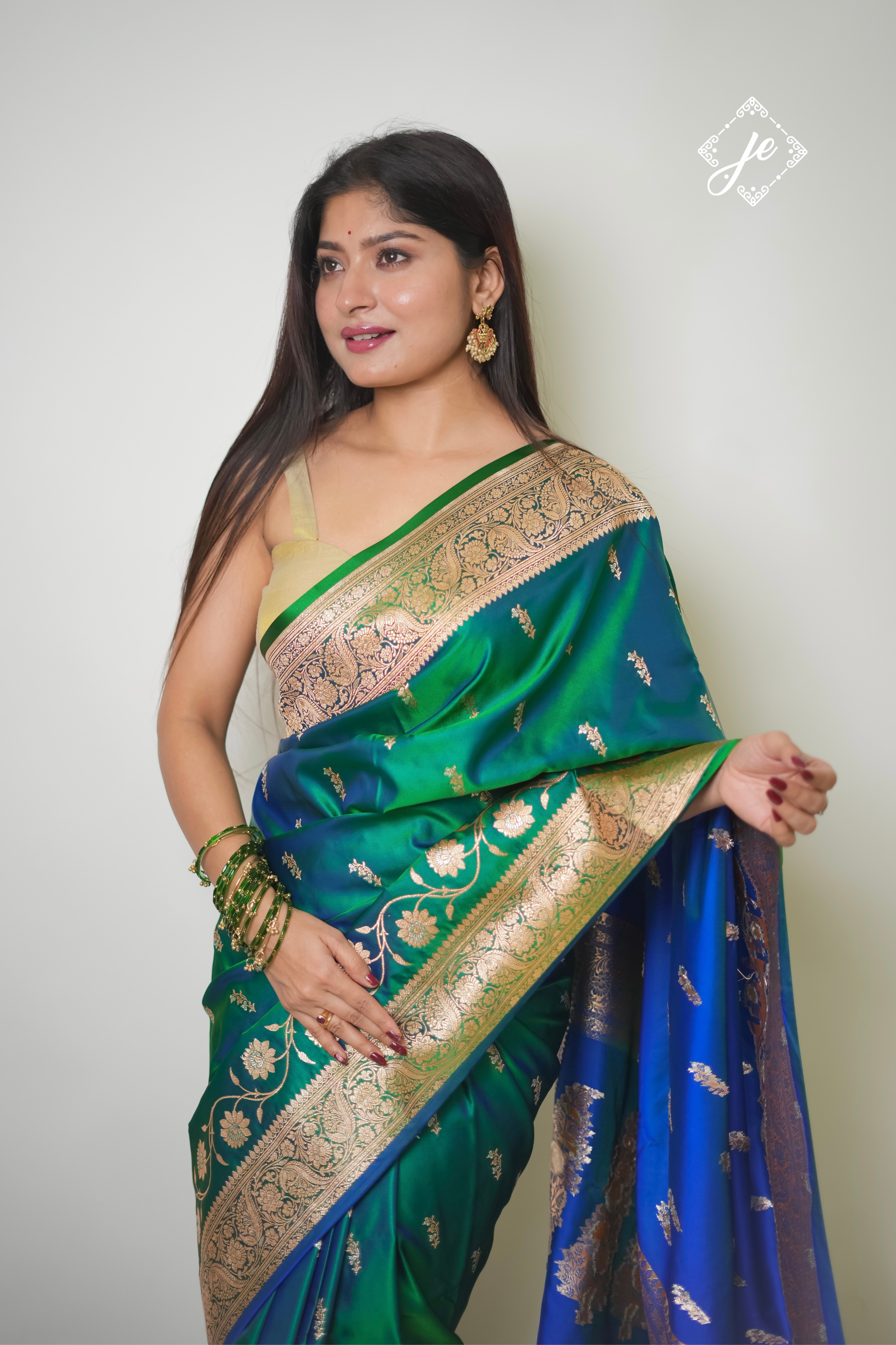 Dual Tone Green Blue Satin Silk Banarasi Saree