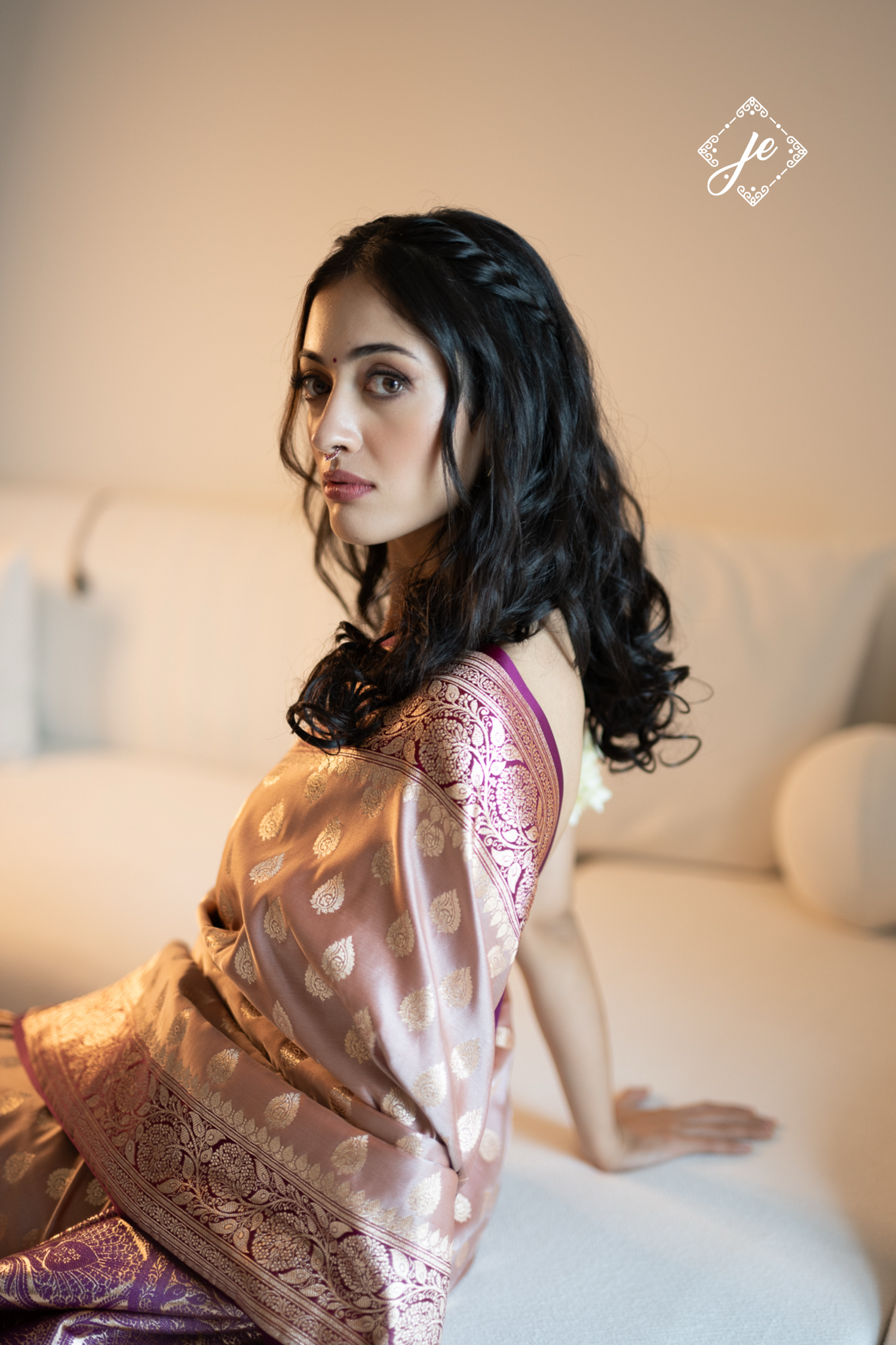 Dusty Pink Satin Silk with Purple Border Banarasi Saree