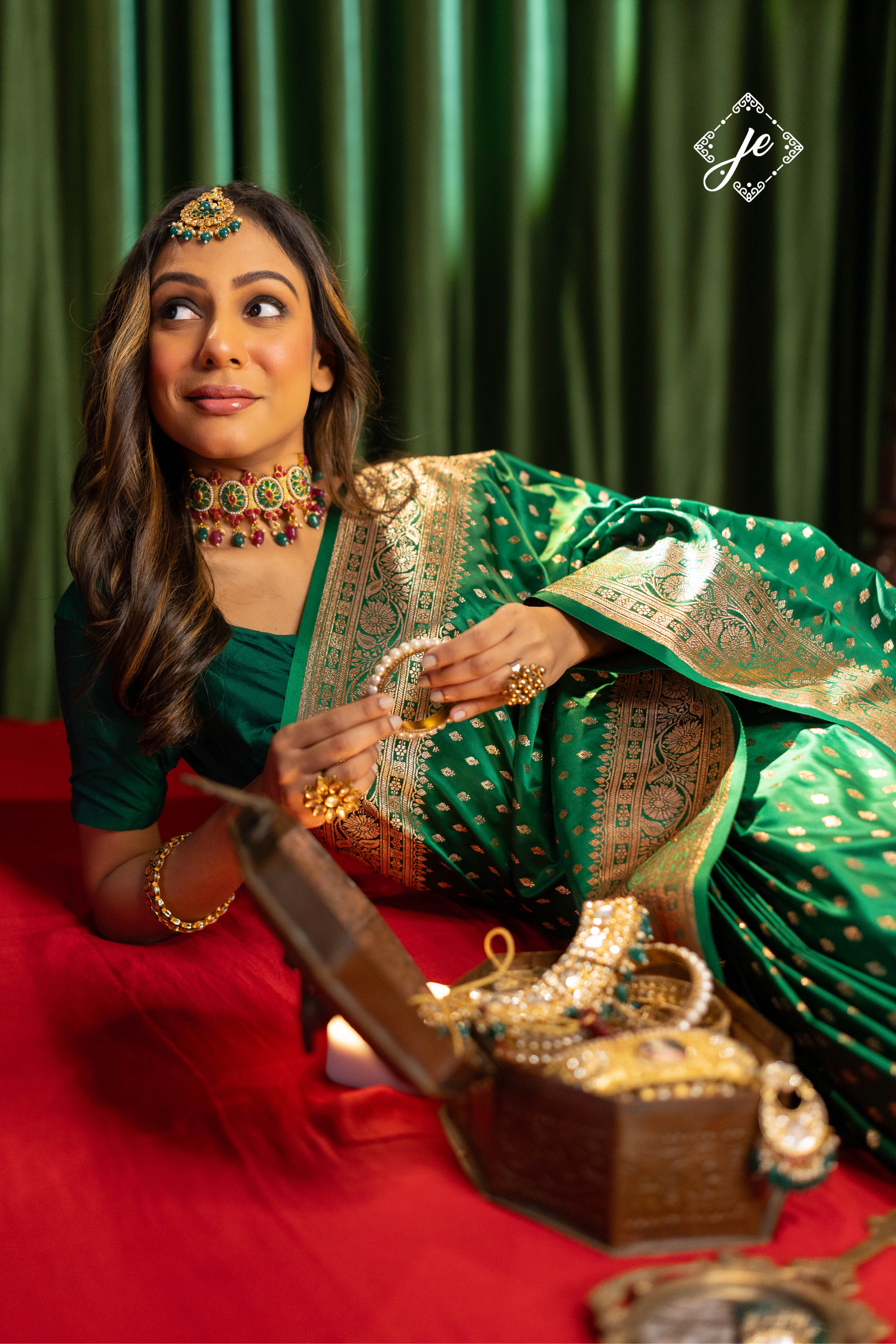 Bottle Green Satin Silk Banarasi Saree