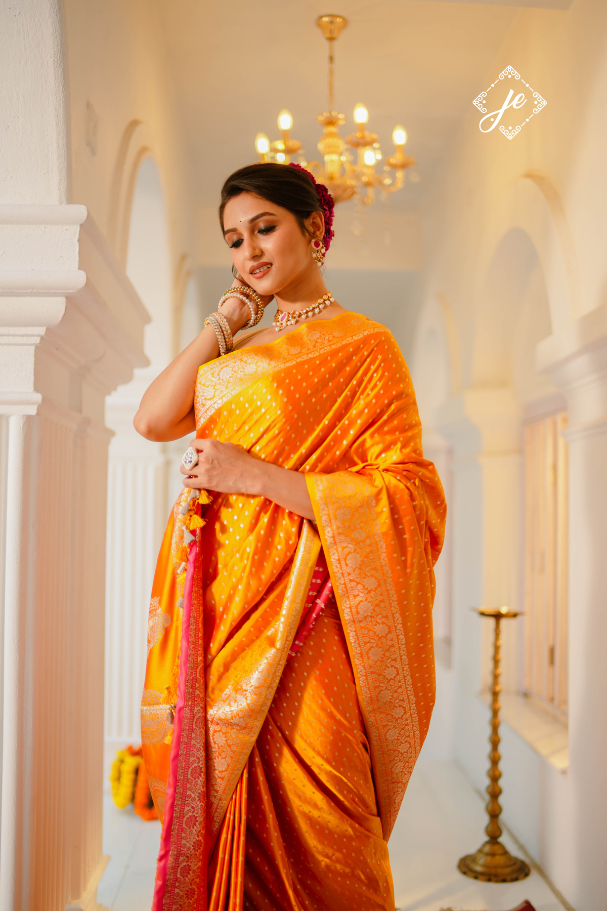 Orange Satin Silk Buti Banarasi Saree
