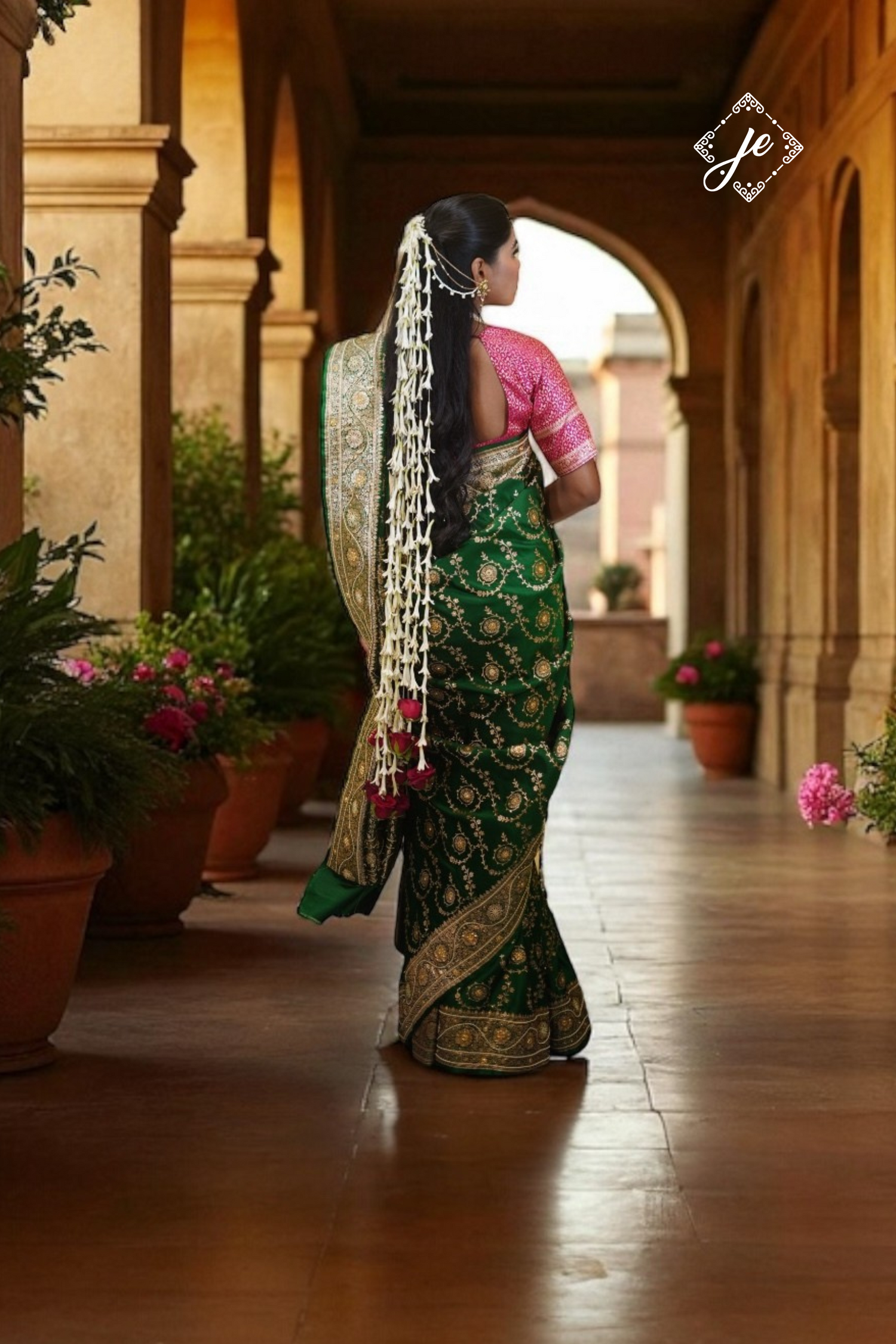 Bottle Green Satin Silk Banarasi Saree