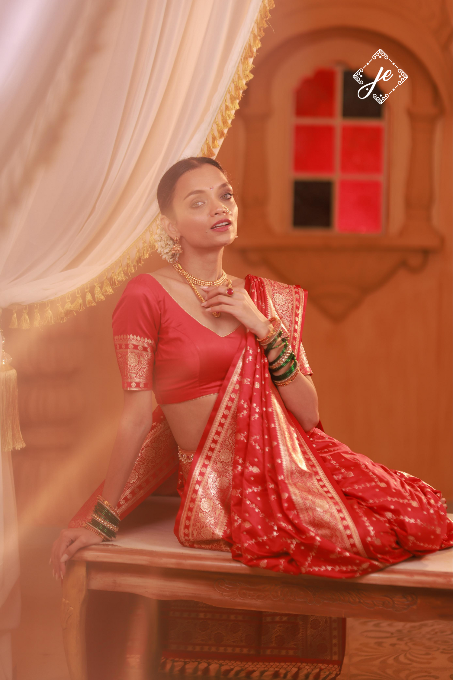 Red Satin Silk Chevron Banarasi Saree
