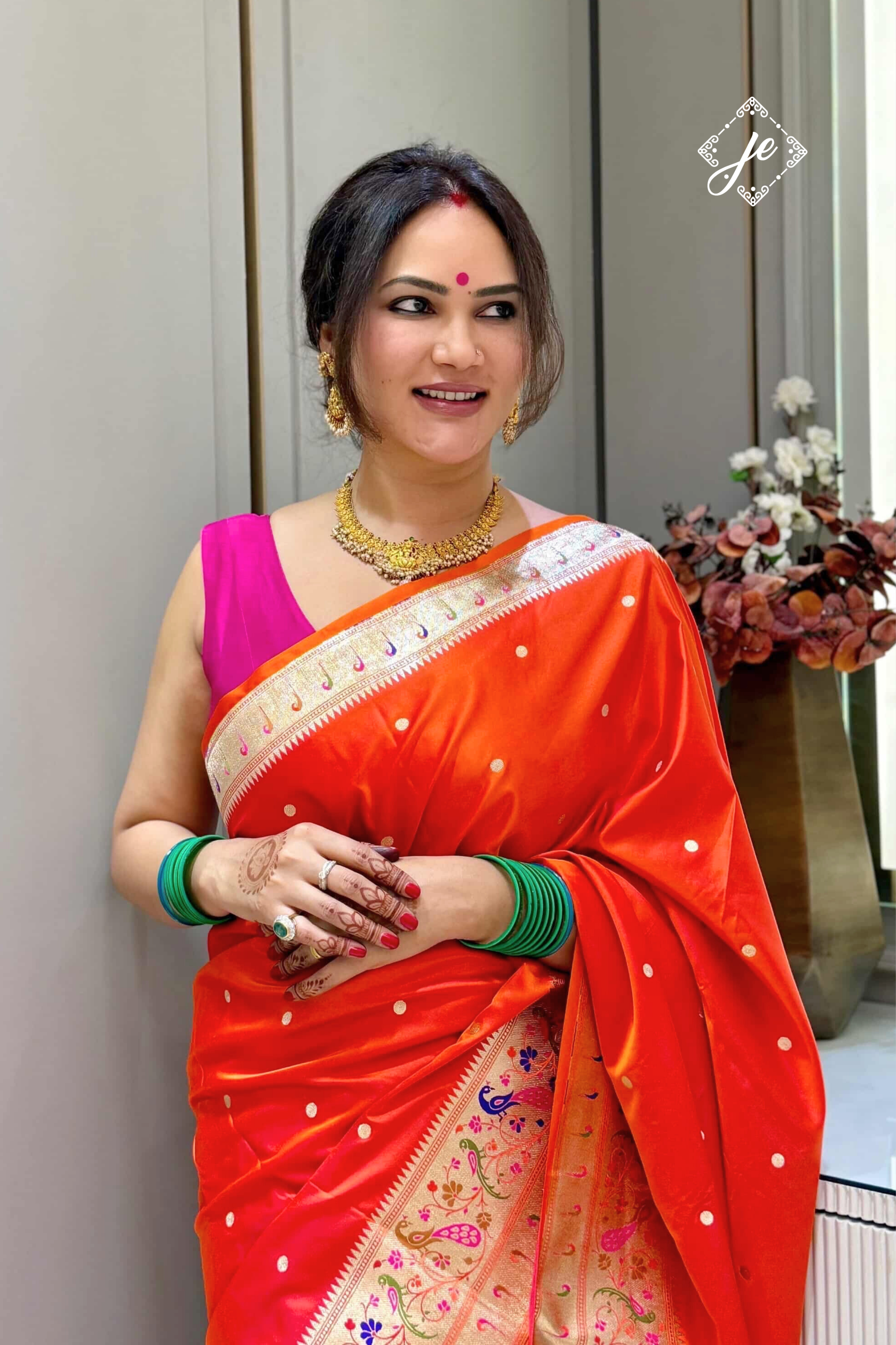 Orange Satin Silk Paithani Banarasi Saree