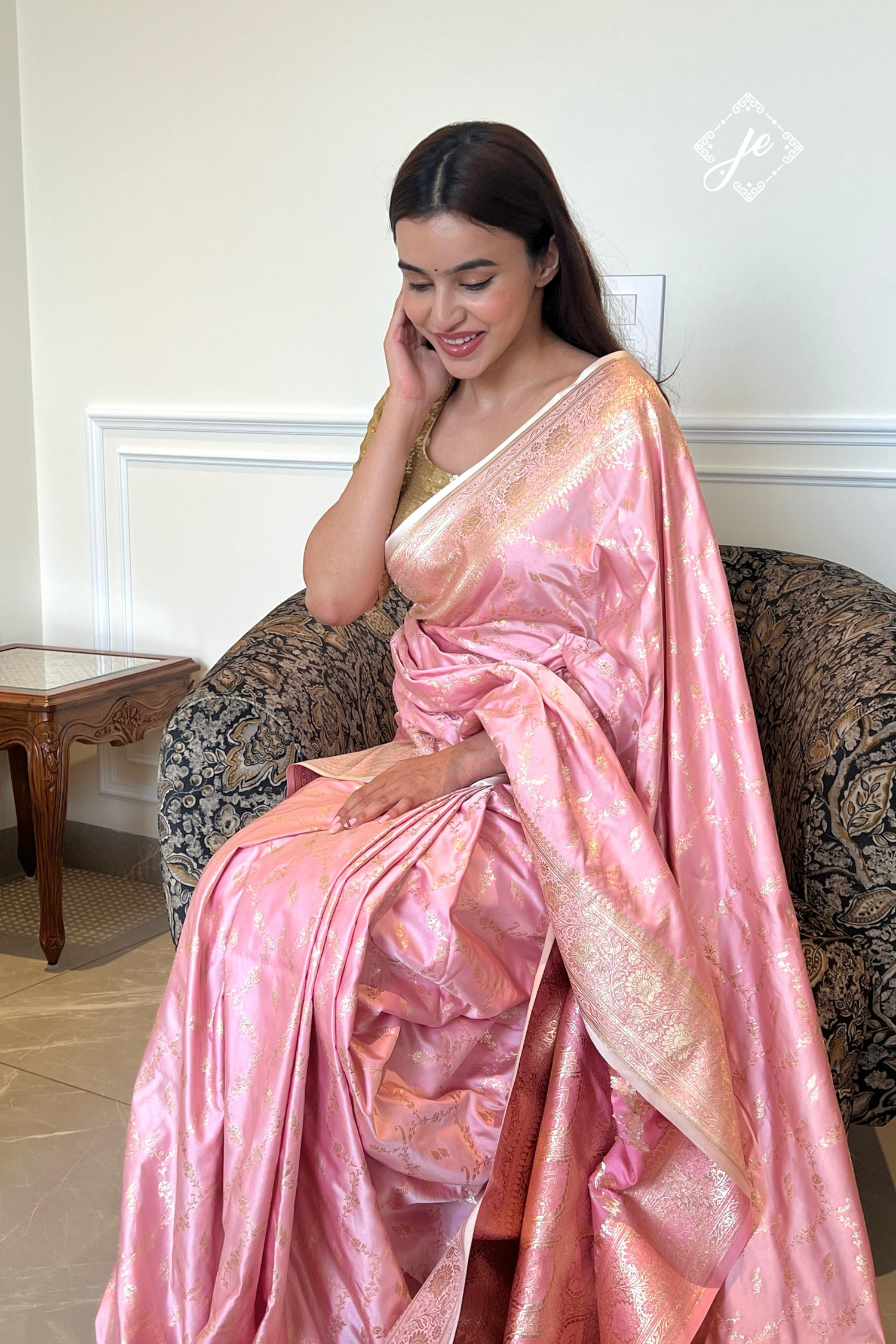 Lemonade Pink Satin Silk Jaal Banarasi Saree