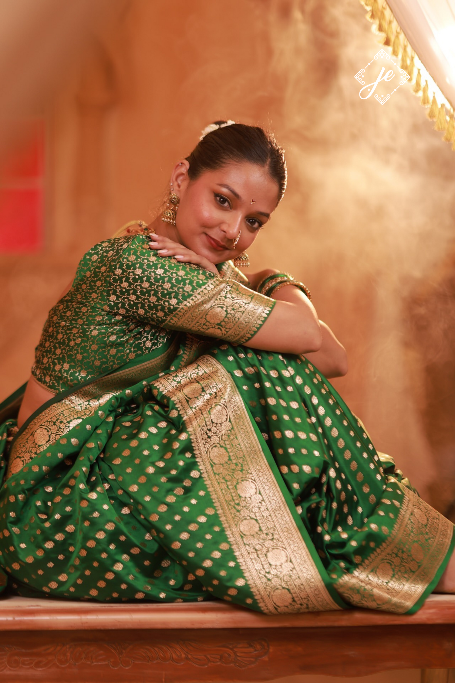 Green Satin Silk Leheriya Buti Banarasi Saree