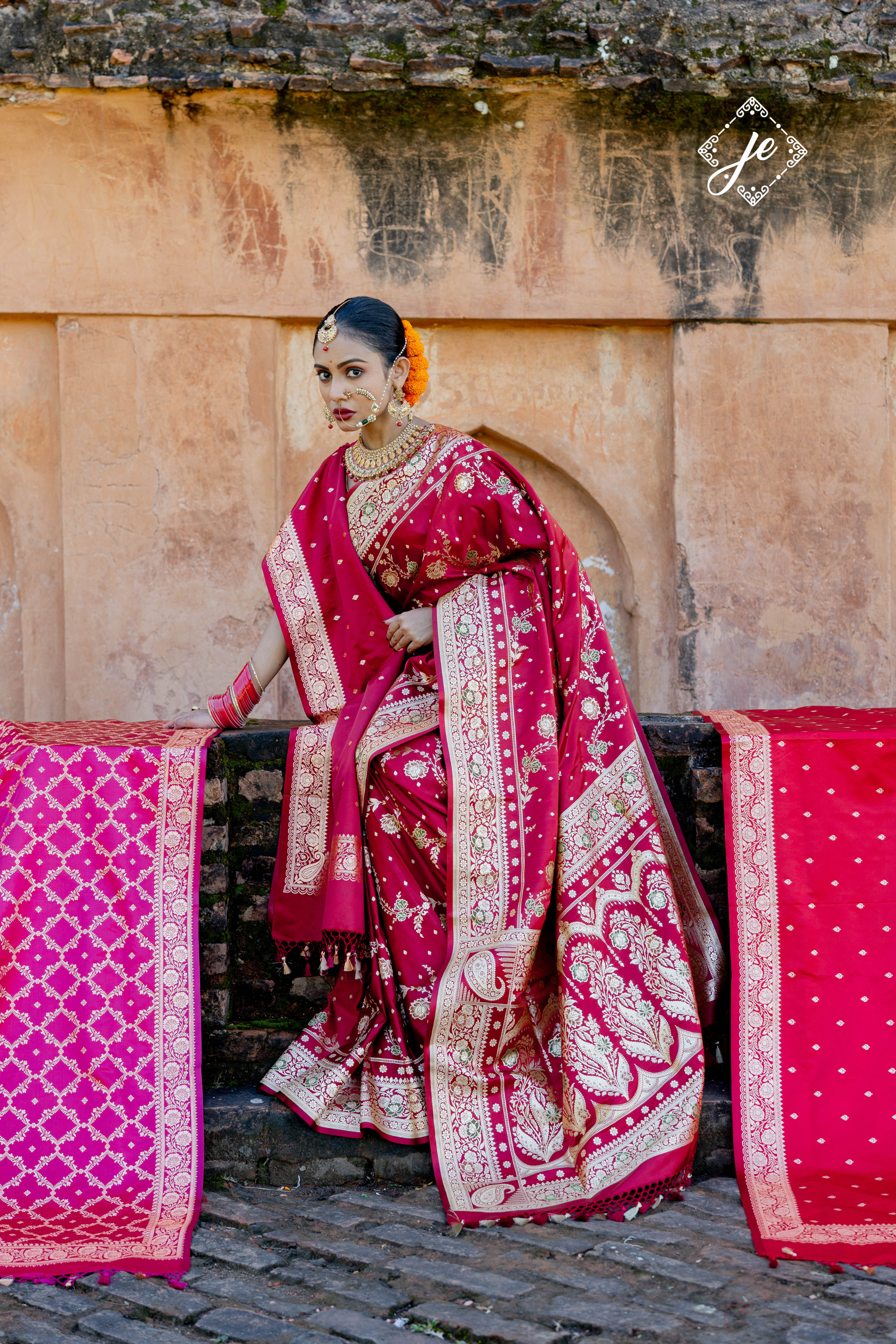 Maroon Satin Silk Leheriya Meenakari Banarasi Saree