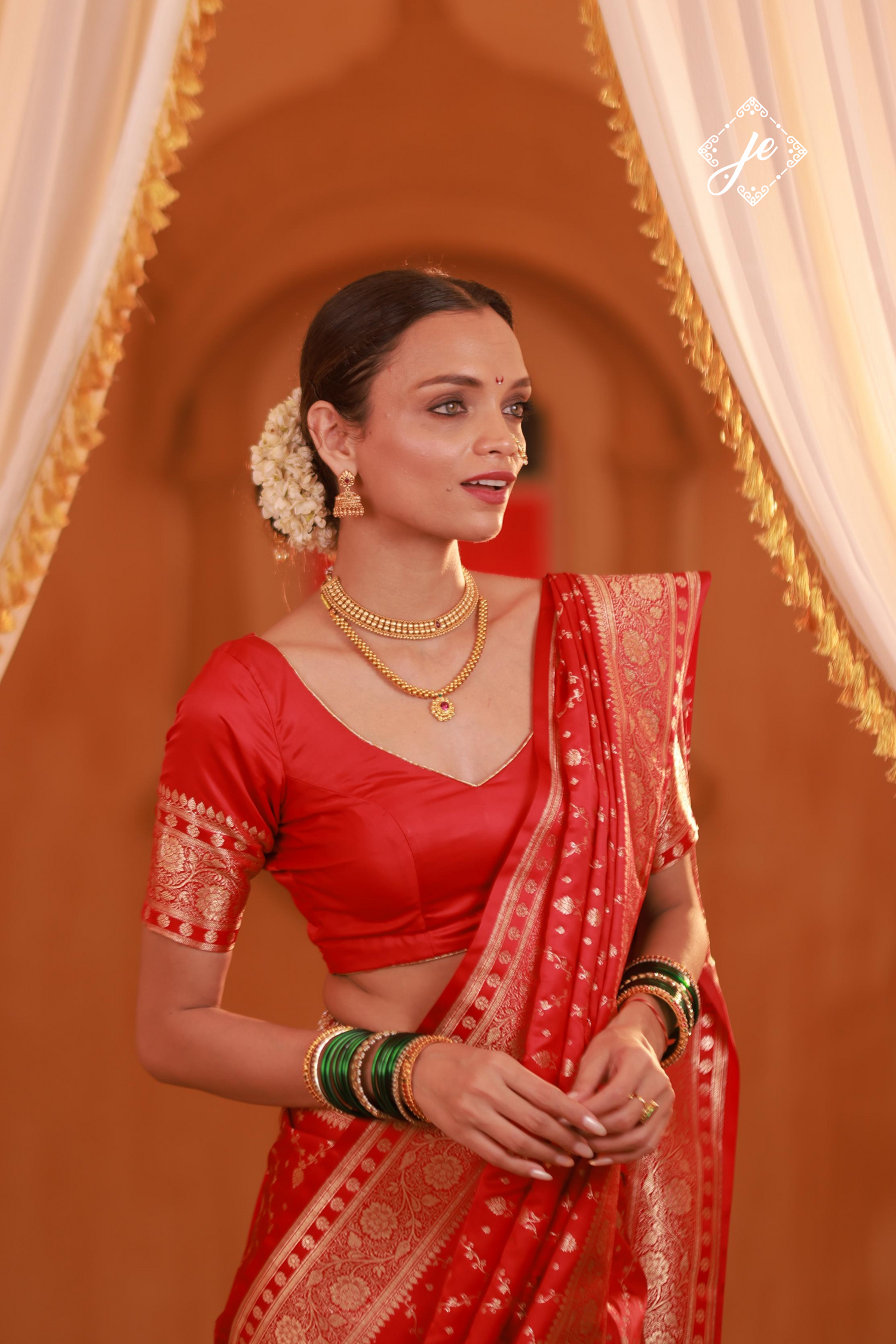 Red Satin Silk Chevron Banarasi Saree