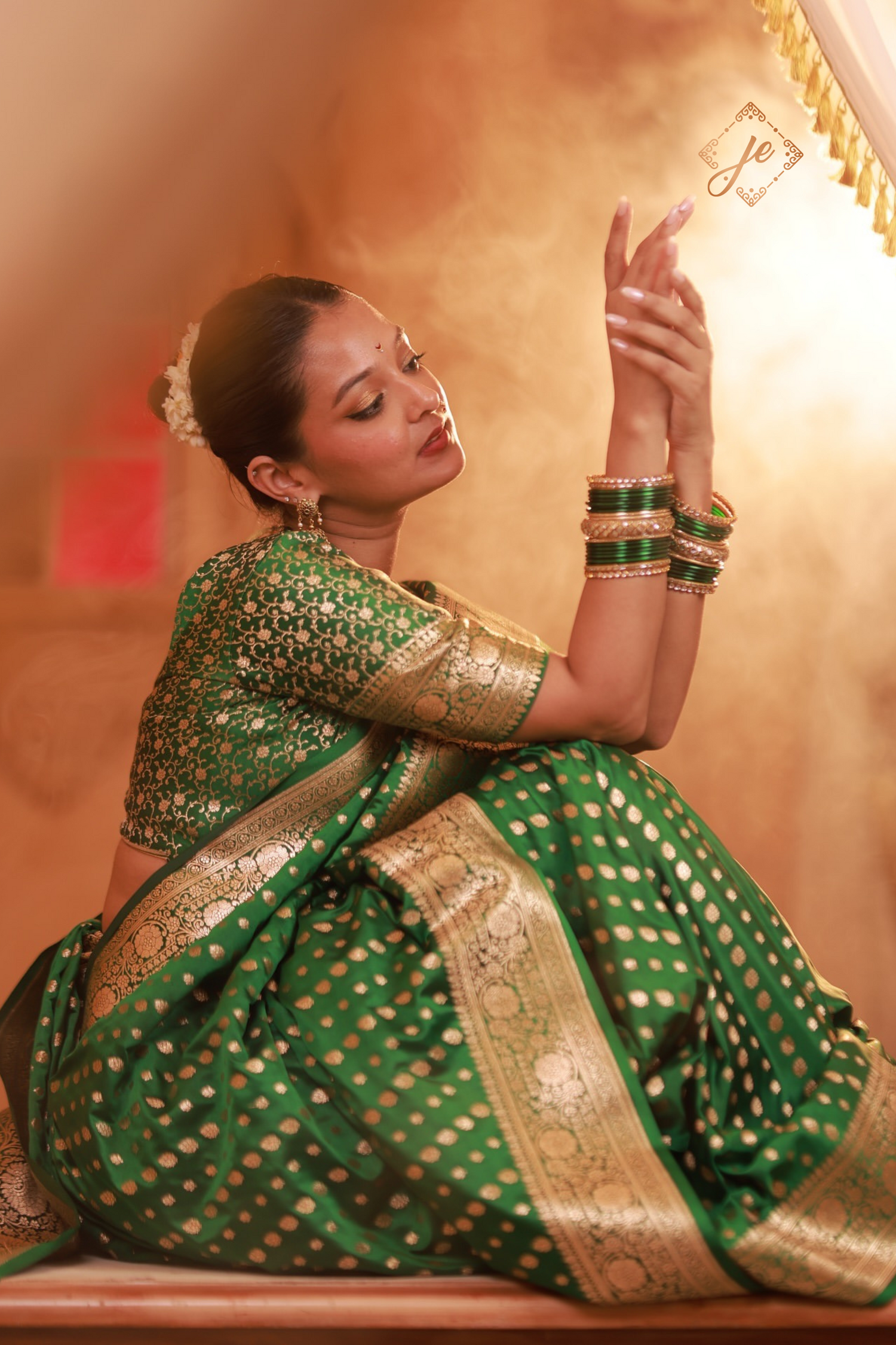 Green Satin Silk Leheriya Buti Banarasi Saree