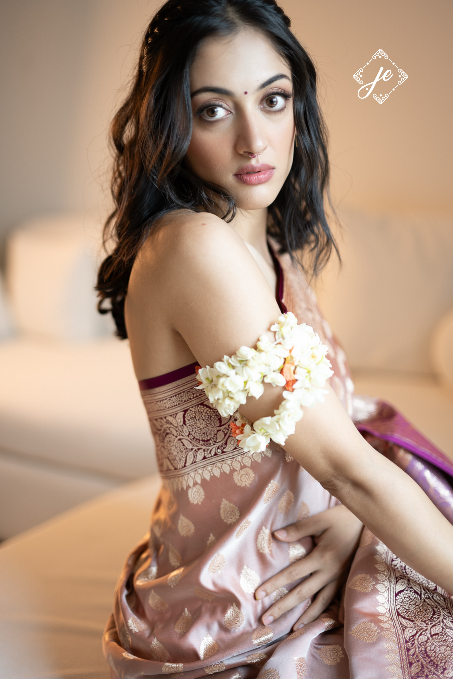 Dusty Pink Satin Silk with Purple Border Banarasi Saree