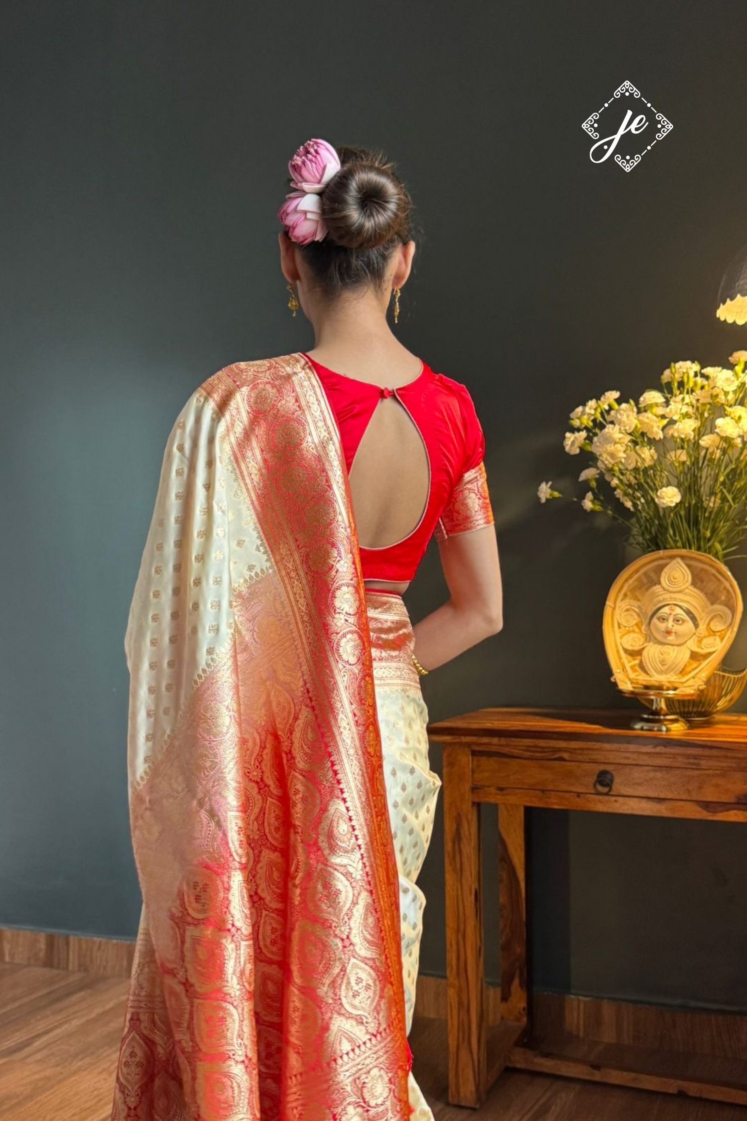 Off-White Satin Silk with Red Border Buti Banarasi Saree