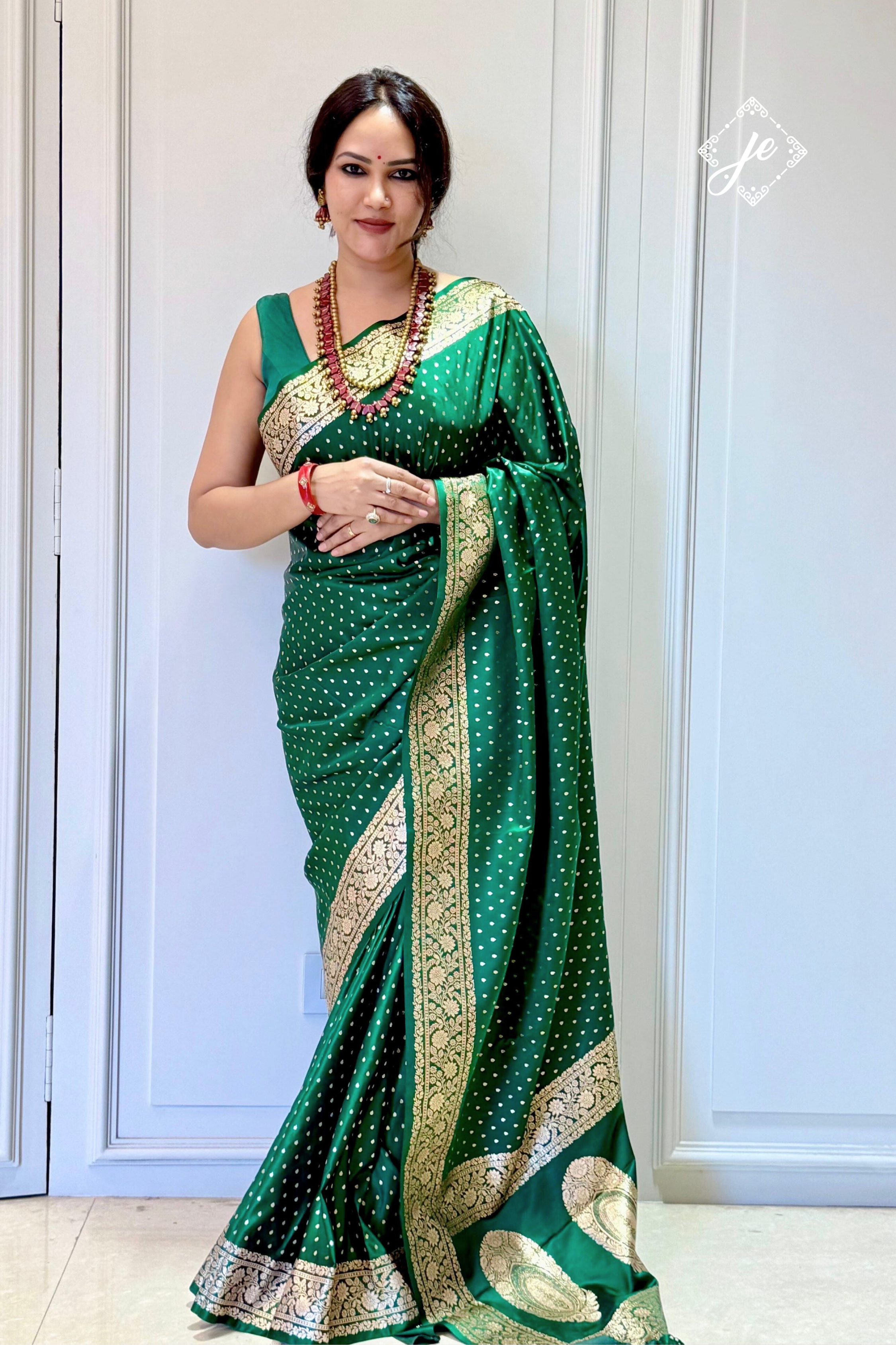 Green Satin Silk Buti Banarasi Saree