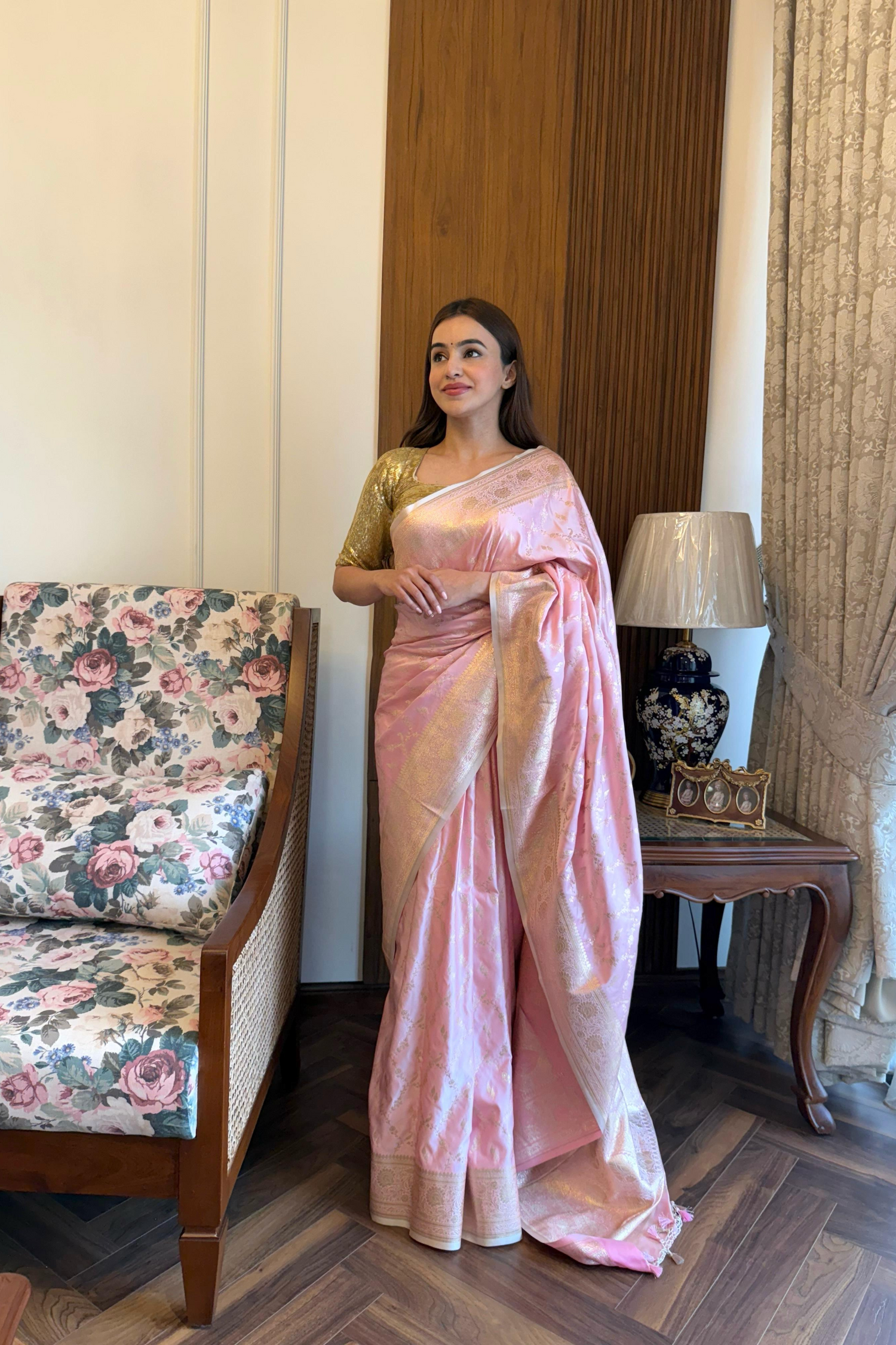 Lemonade Pink Satin Silk Jaal Banarasi Saree