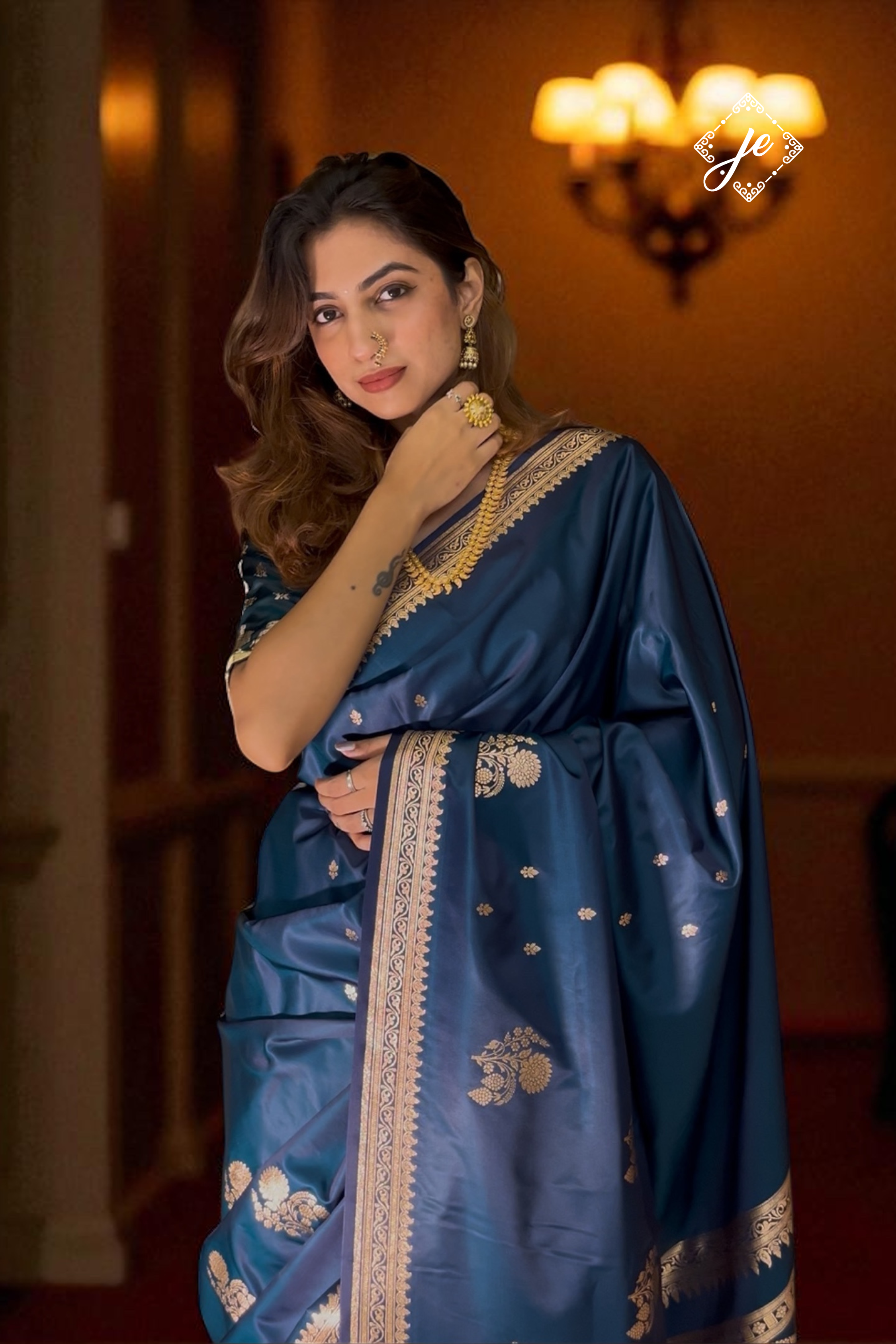 German Blue Satin Silk Banarasi Saree