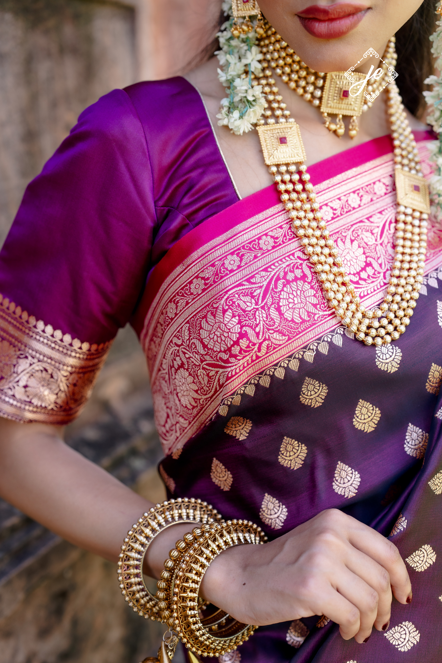 Purple Satin Silk with Rani Pink Border Banarasi Saree