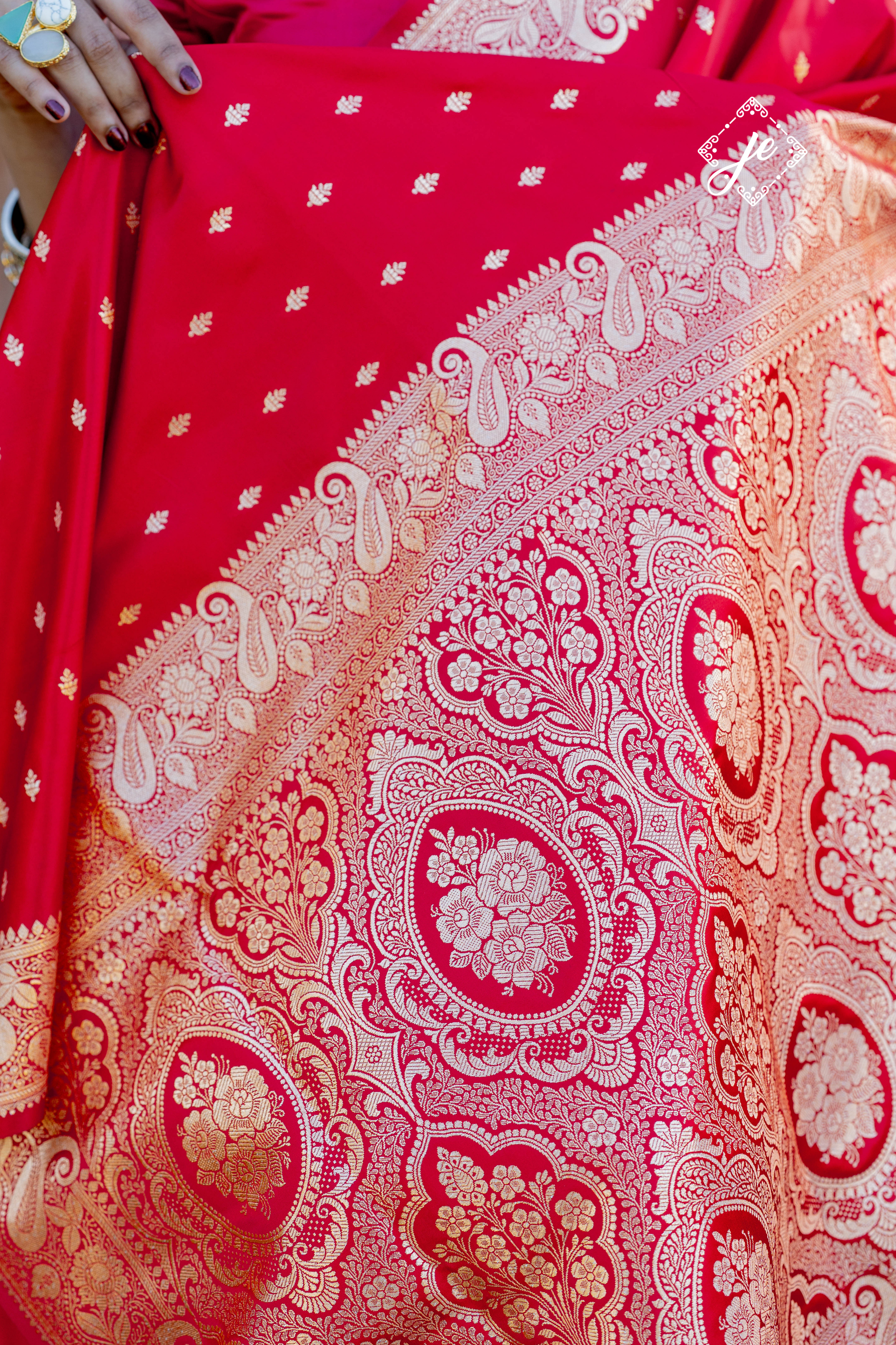 Red Satin Silk Buti Banarasi Saree