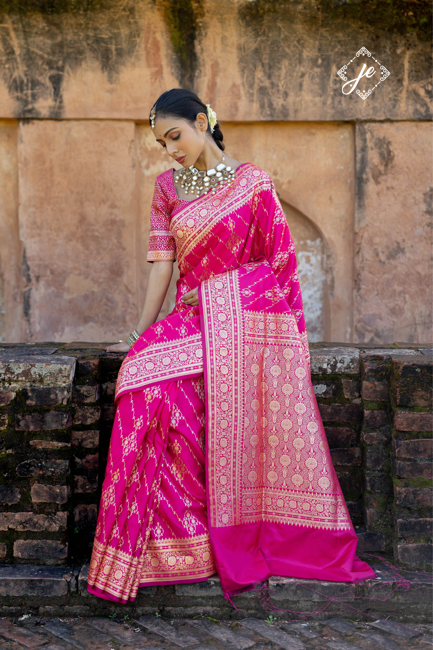 Rani pink Satin Silk Leheriya Banarasi Saree